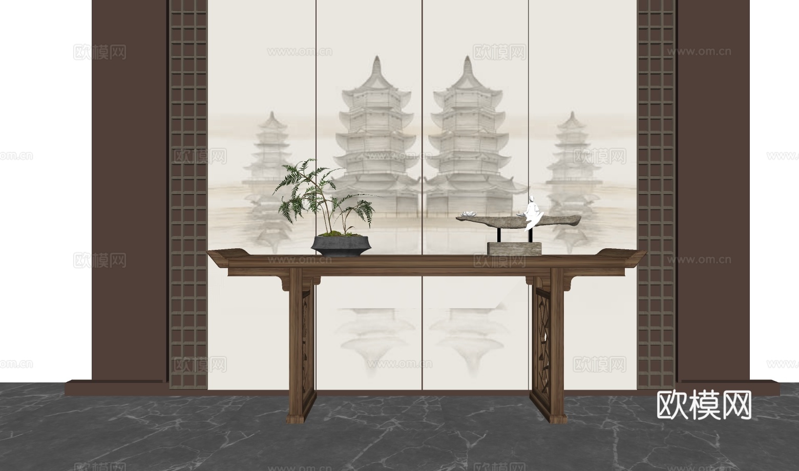 新中式端景条案su模型