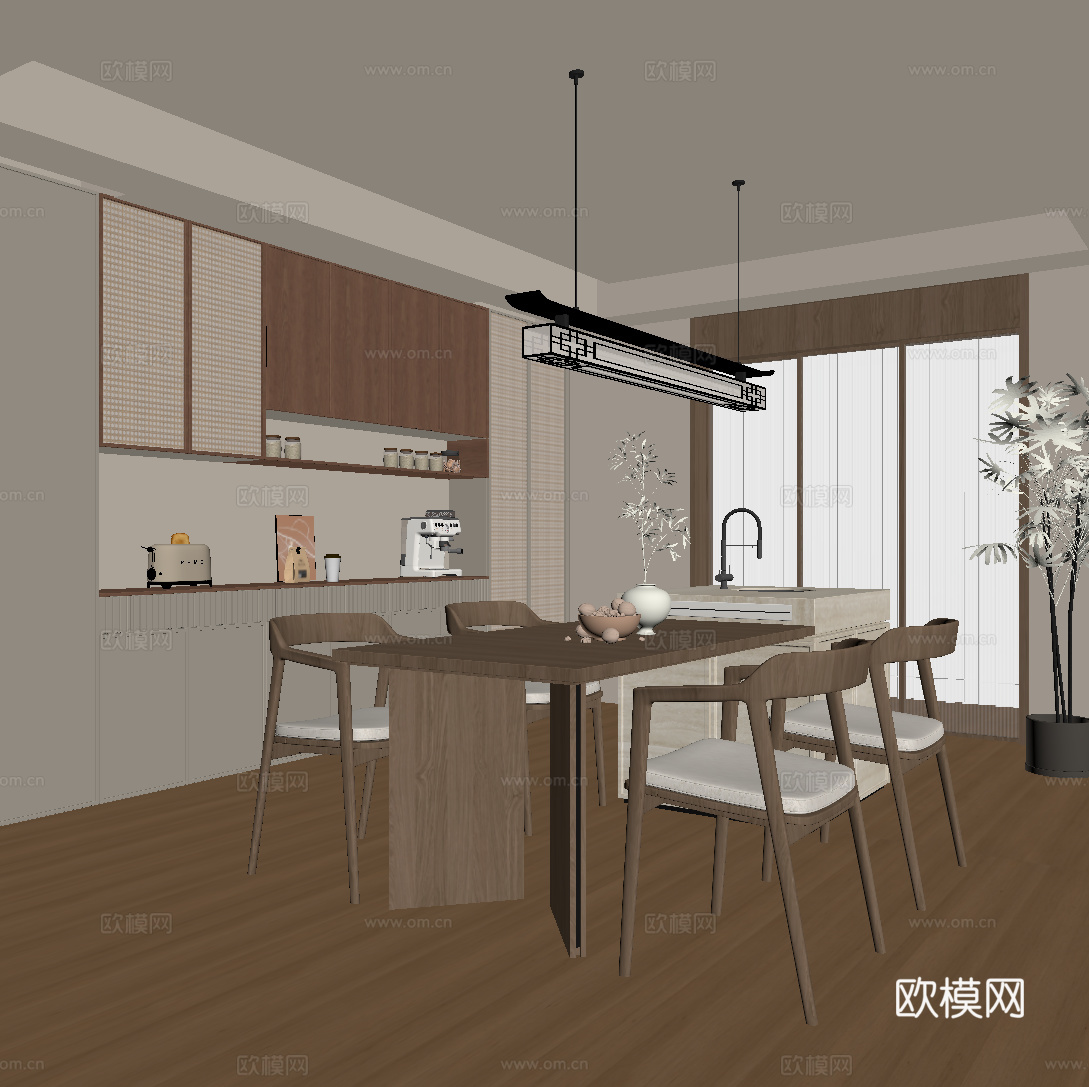 新中式餐厅 岛台 餐柜su模型