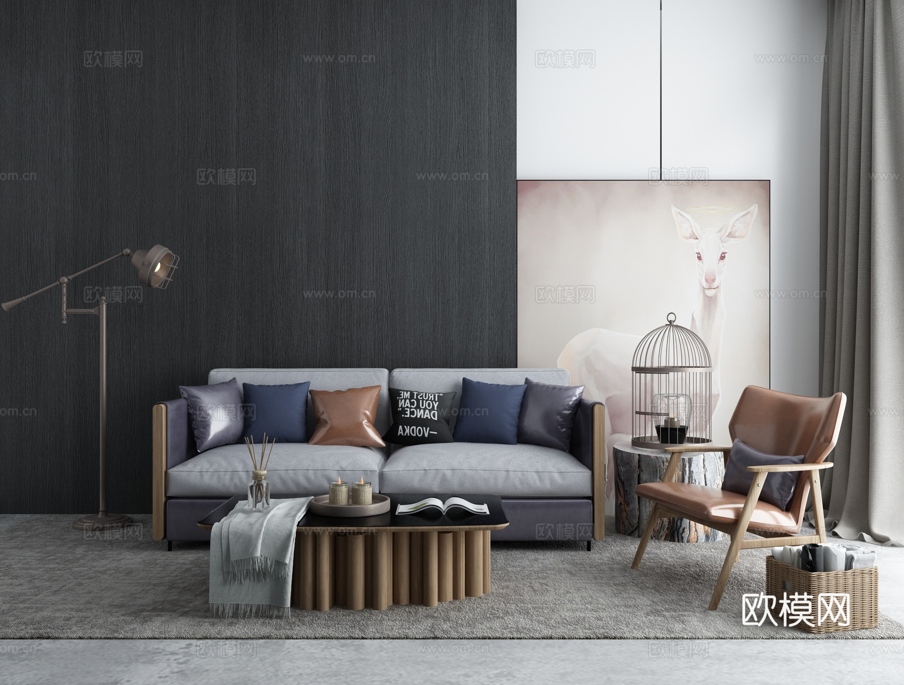 新中式沙发茶几组合3d模型下载（渲染图1）