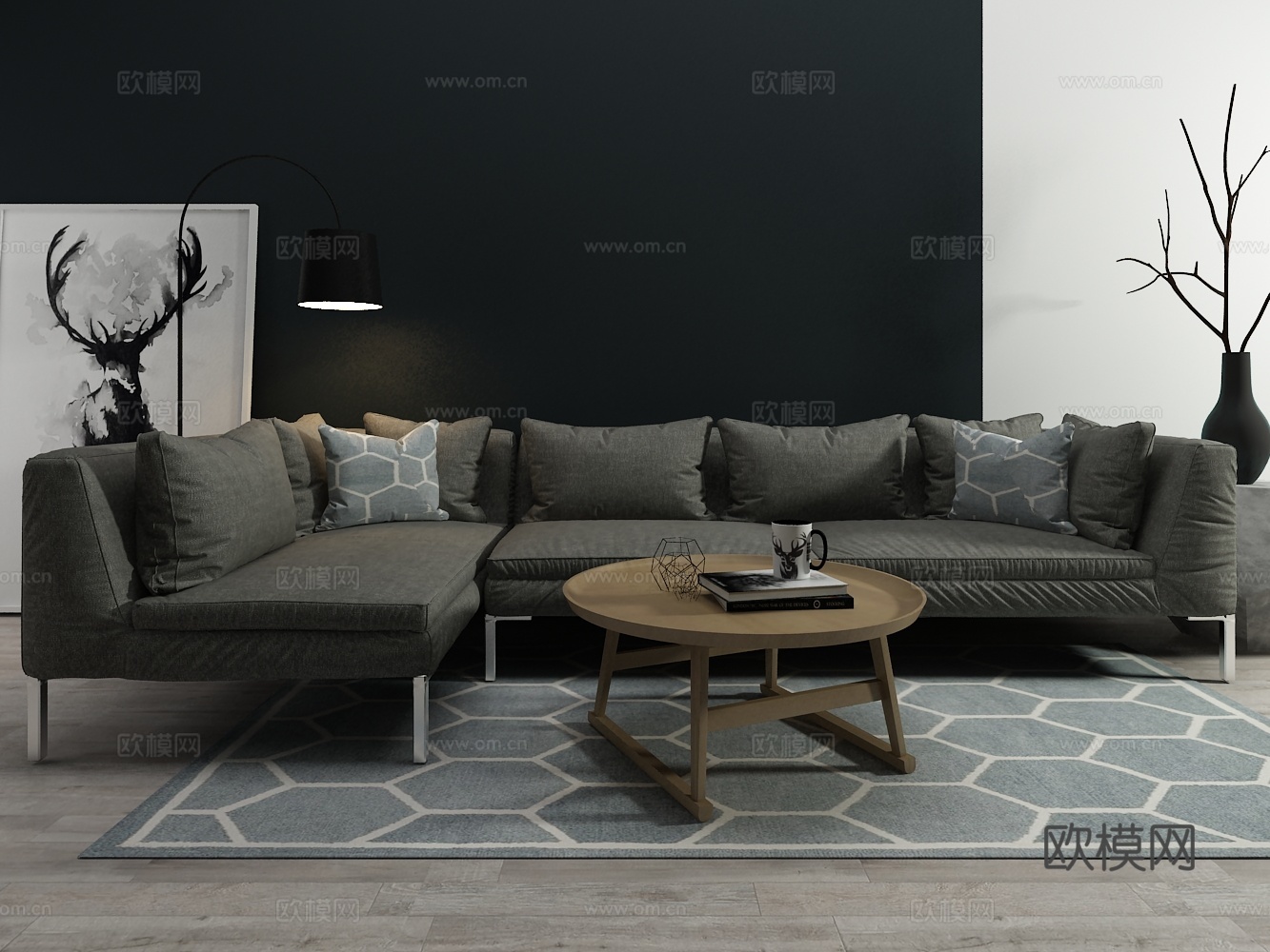 北欧沙发 茶几 装饰画3d模型下载（渲染图1）