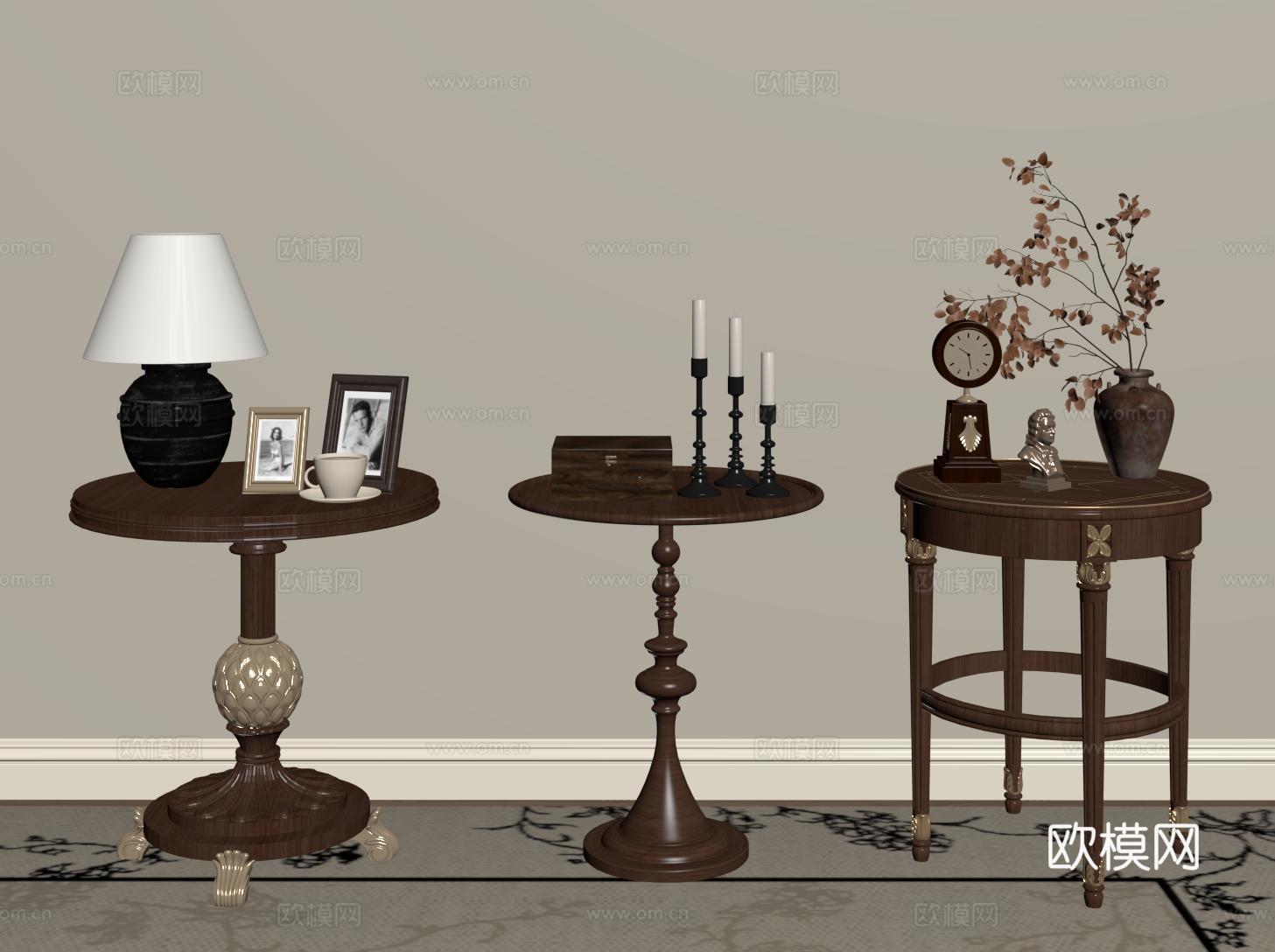 法式实木边几 复古小茶几 圆形边几su模型