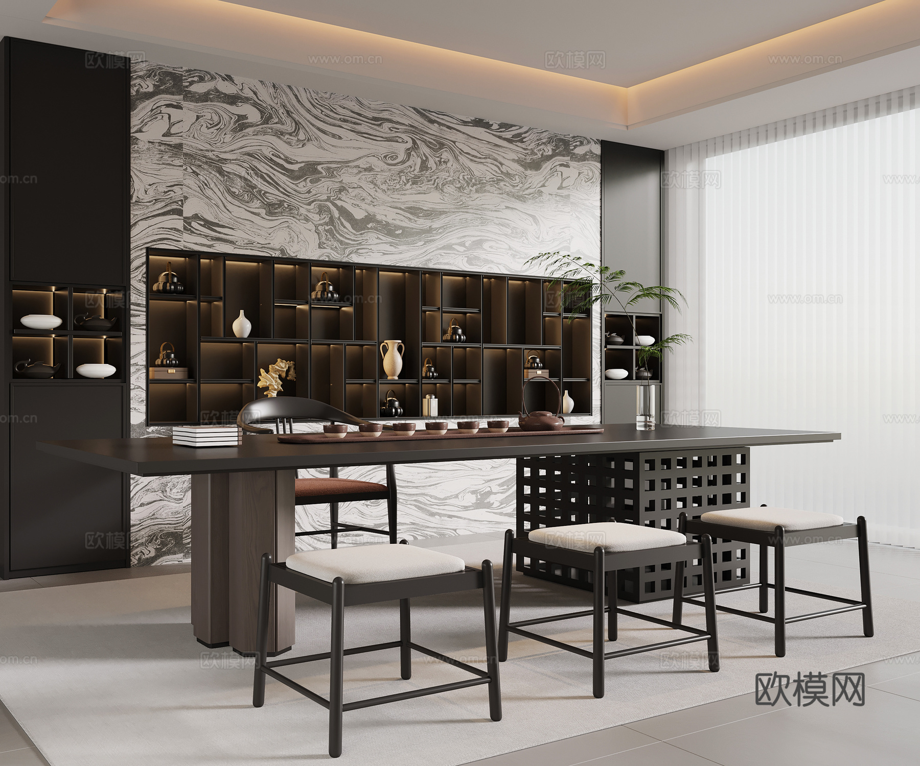 现代意式茶室 茶桌椅 茶柜su模型