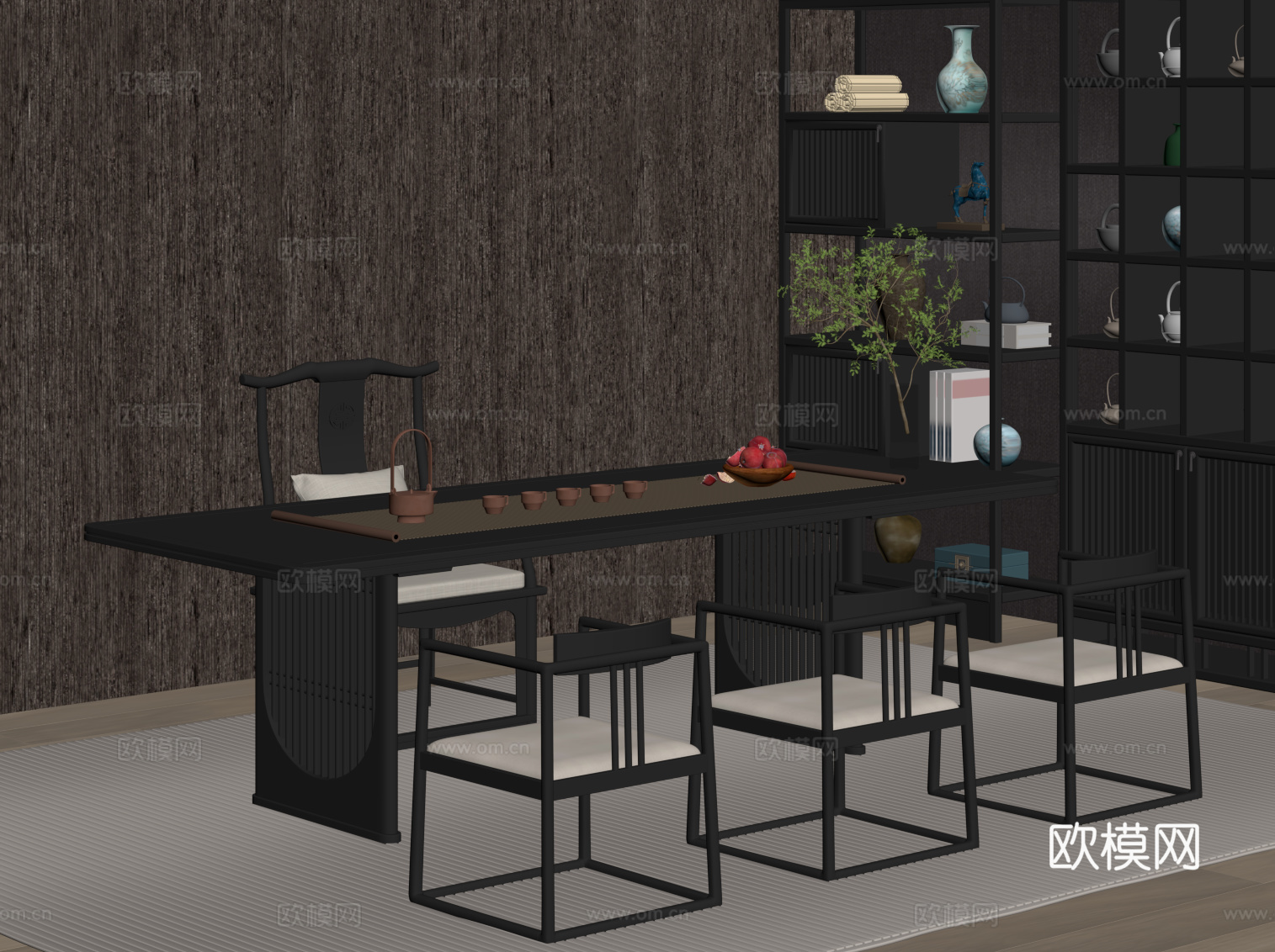现代意式茶室 茶桌椅 博古架su模型