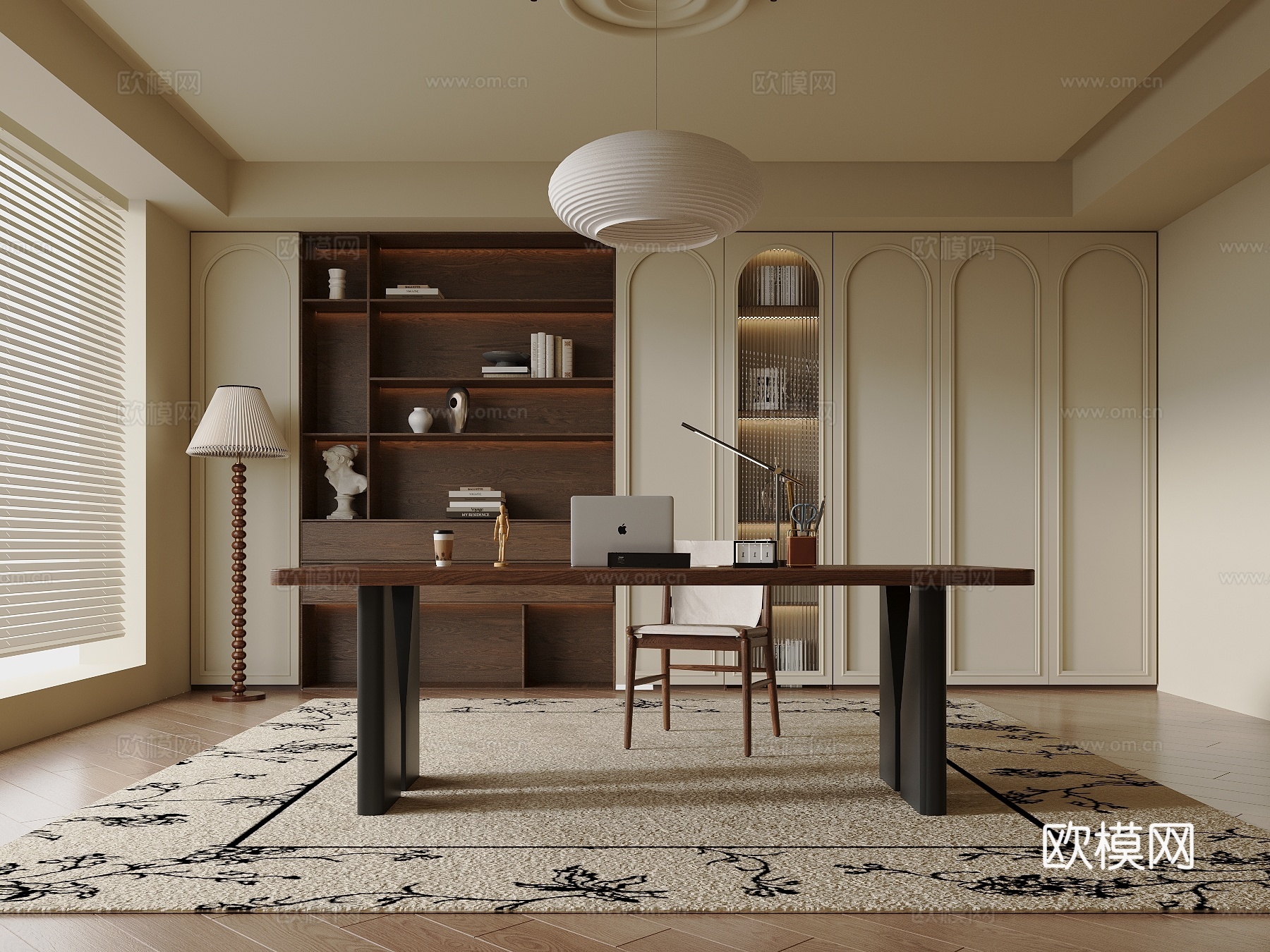 中古风书房 书桌椅 书柜su模型