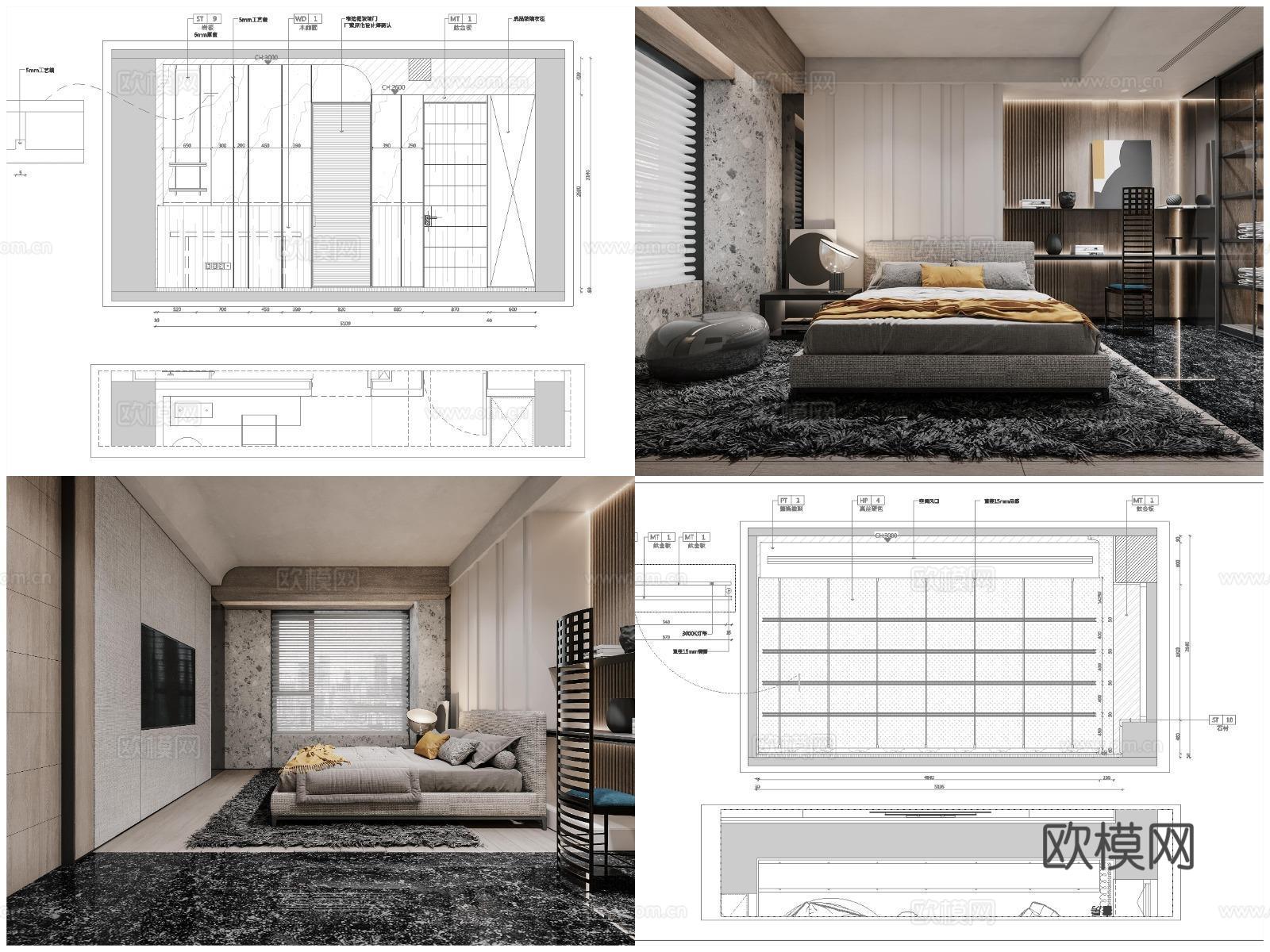 3套轻奢样板间平层 最新全套 效果图 施工图设计cad施工图