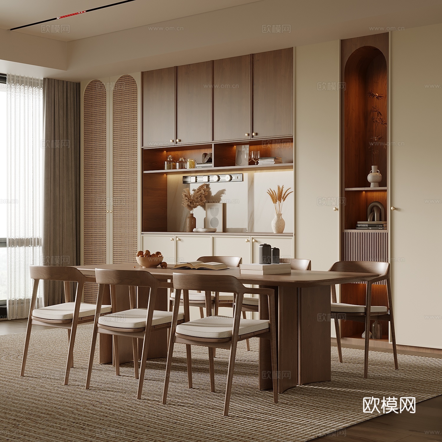 中古风餐厅 餐桌椅 餐柜su模型