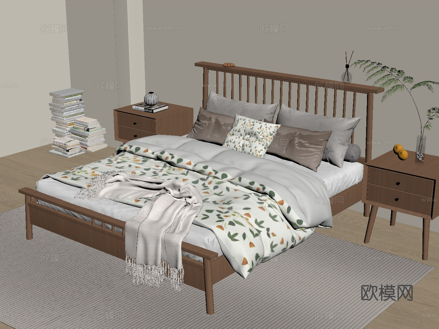 现代卧室 双人床 床头柜su模型