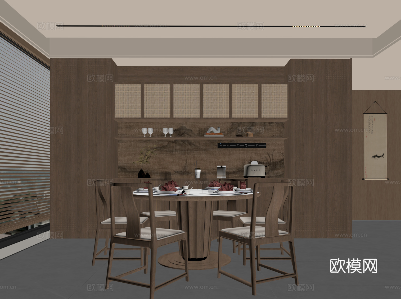 新中式餐厅 餐桌椅 餐边柜 圆桌su模型
