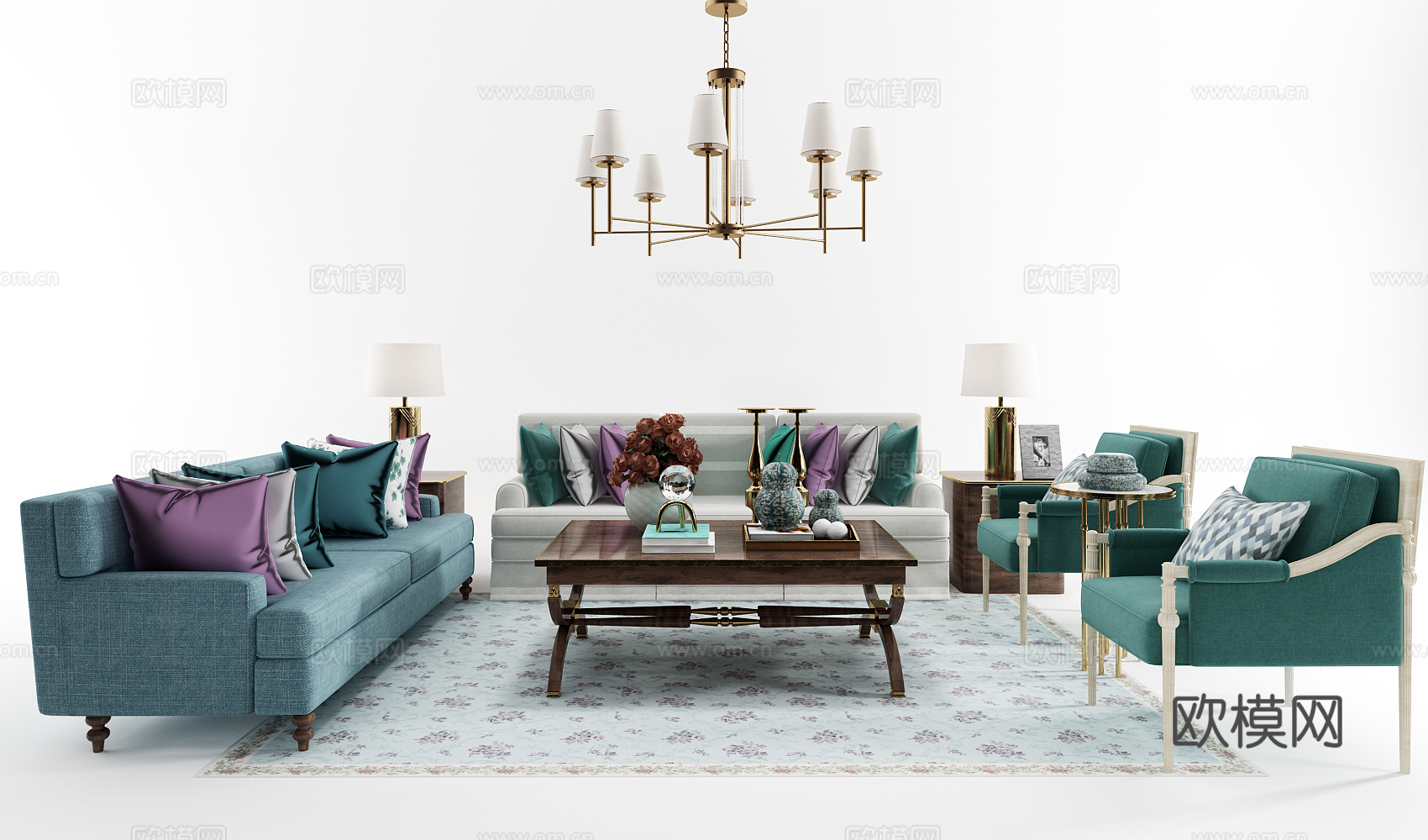 欧式简约沙发茶几组合 双人沙发 茶几 休闲椅 单人沙发3d模型下载（渲染图1）