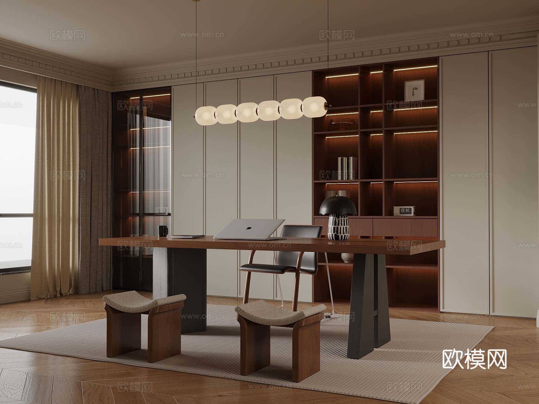 中古风书房 书桌椅 书柜su模型