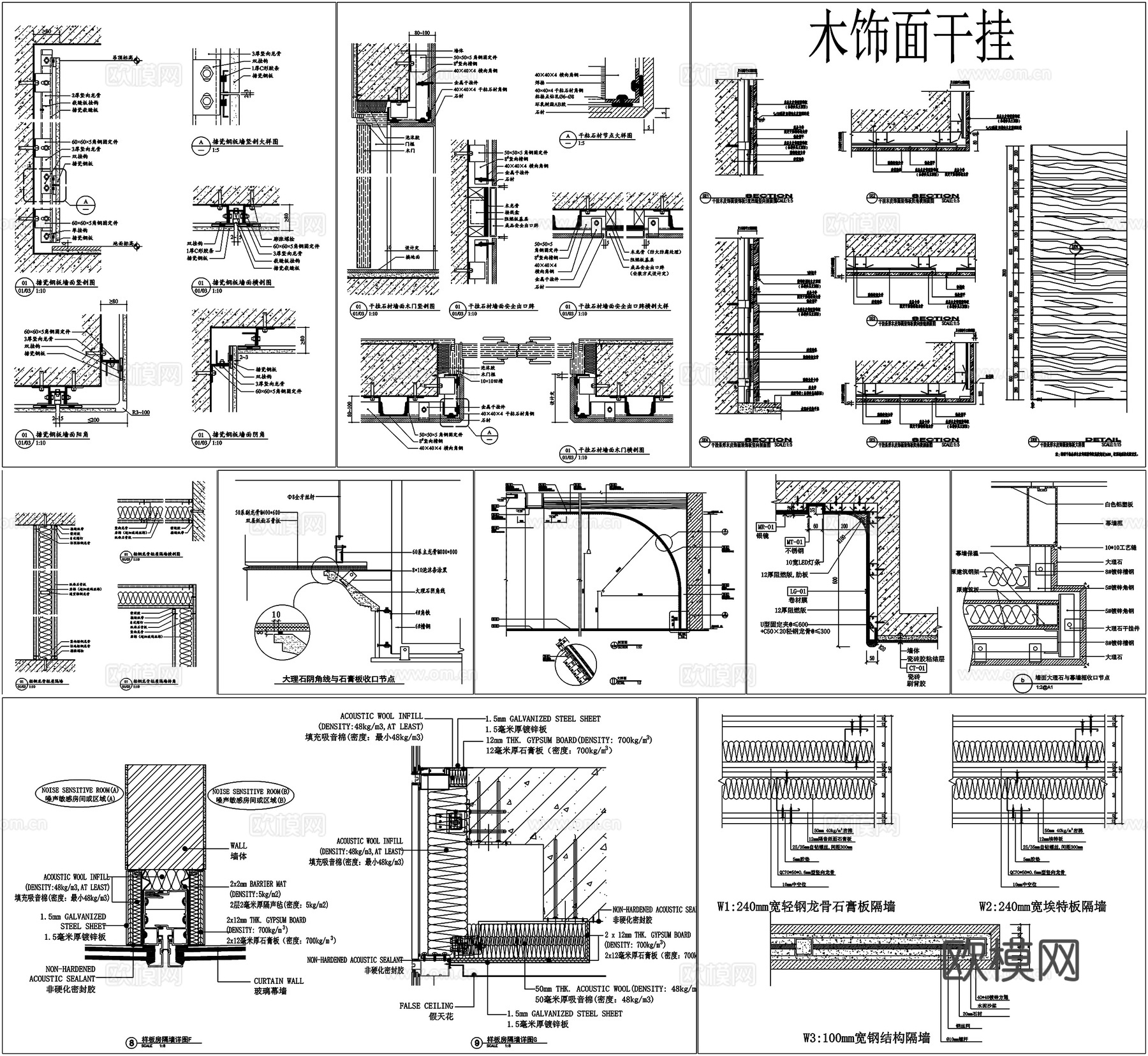 墙面墙身饰面板石材节点木饰面干挂墙面石材贴挂剖面详图CADcad施工图