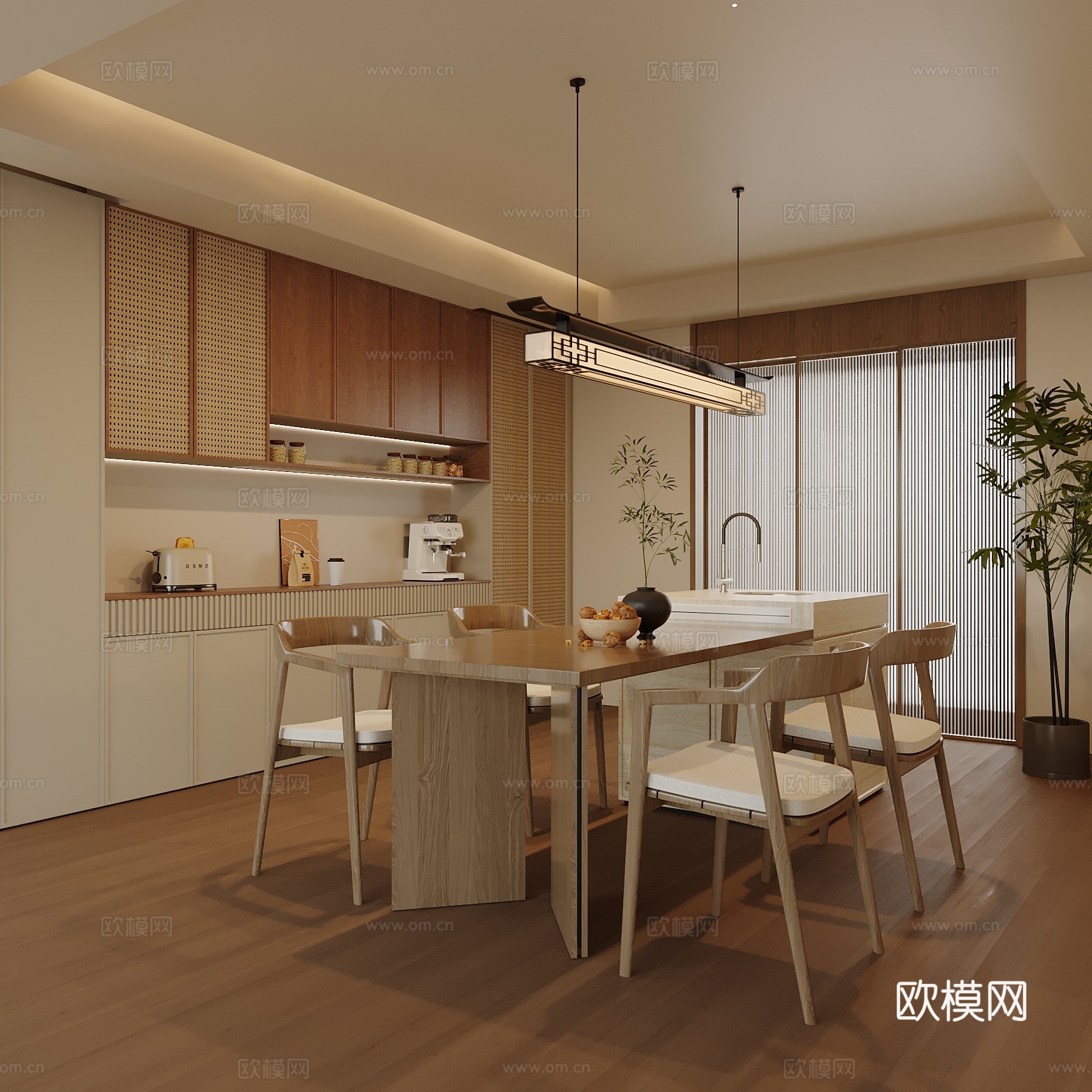 新中式餐厅 岛台 餐柜su模型