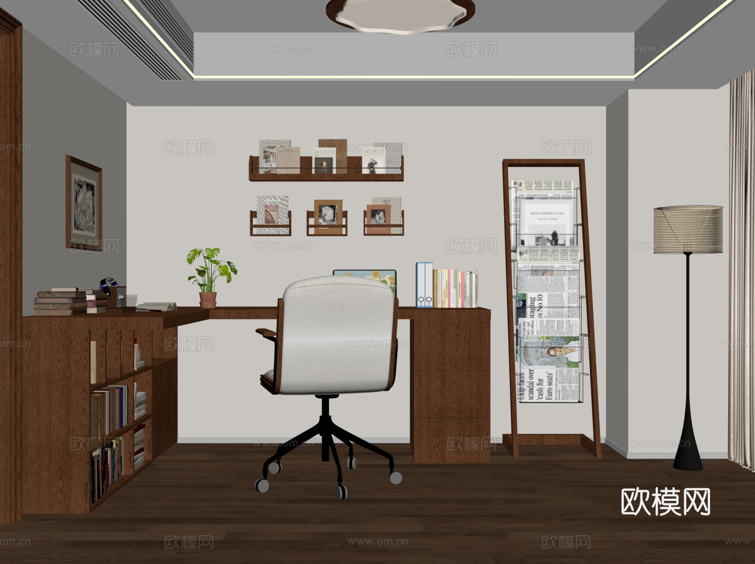 中古风书房 书桌椅 书架su模型