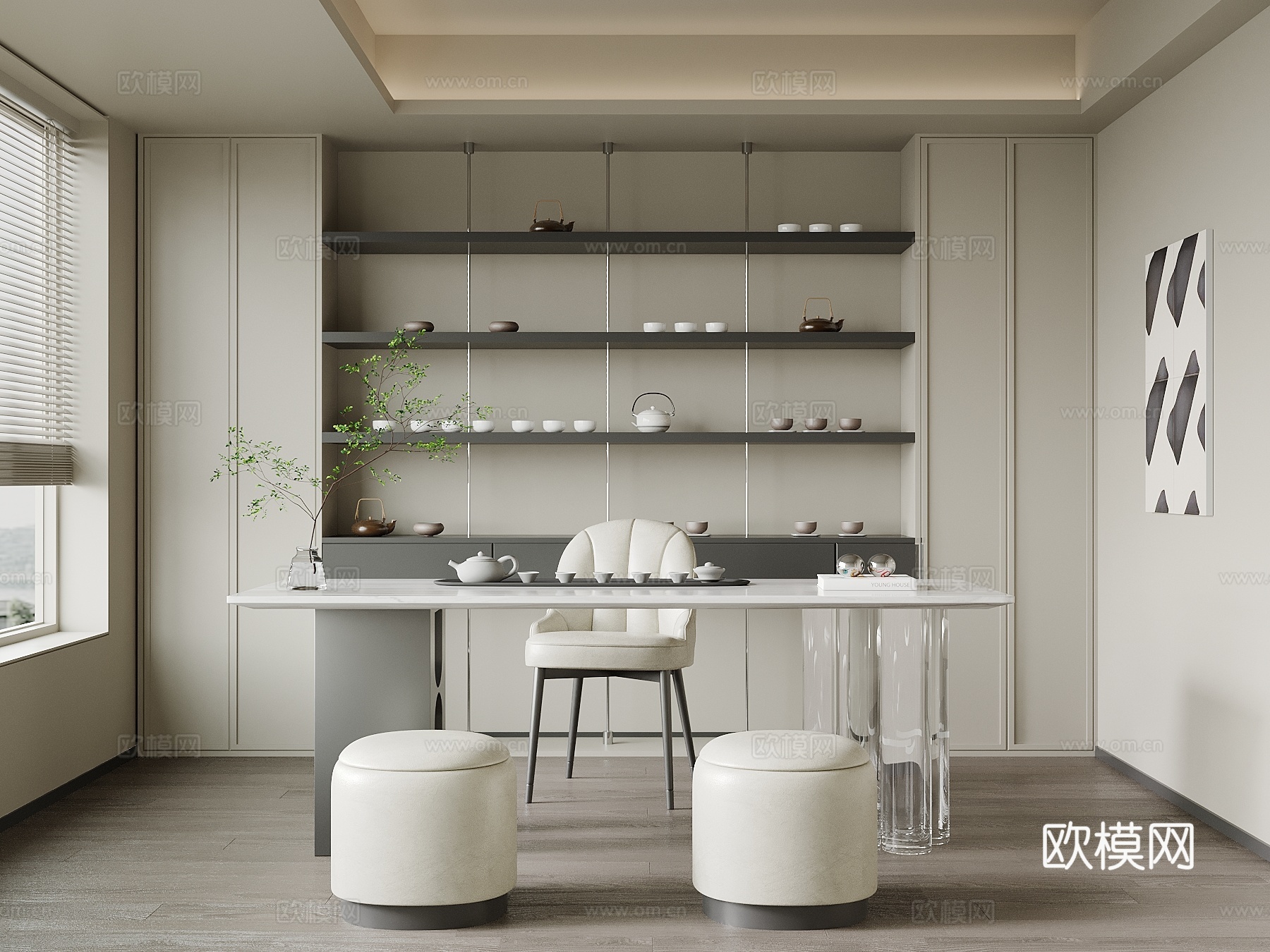 现代茶室 茶桌椅 茶柜su模型