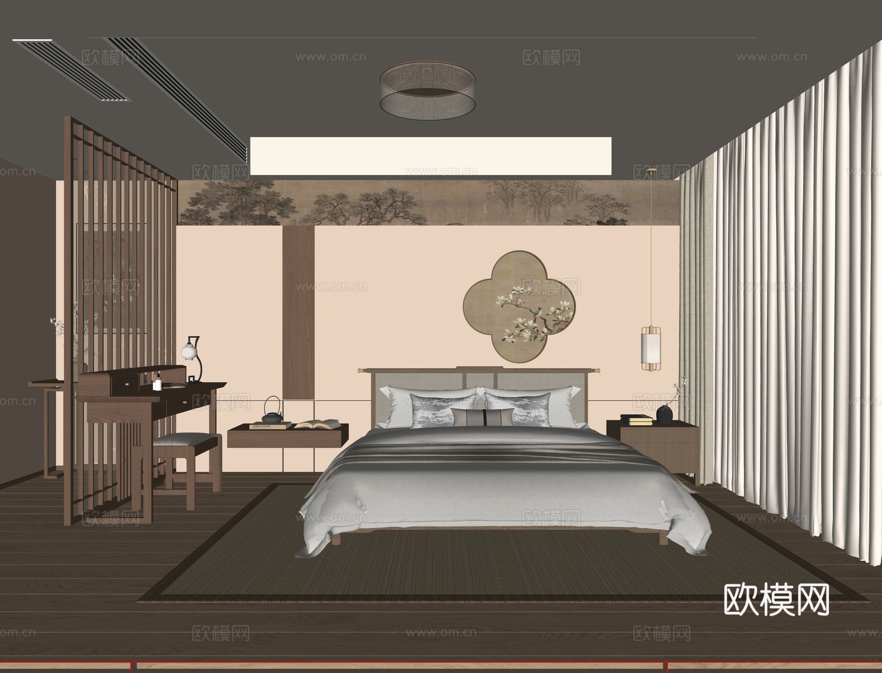 宋式卧室 新中式卧室 主卧室 实木双人床 床头背景墙 床头柜su模型