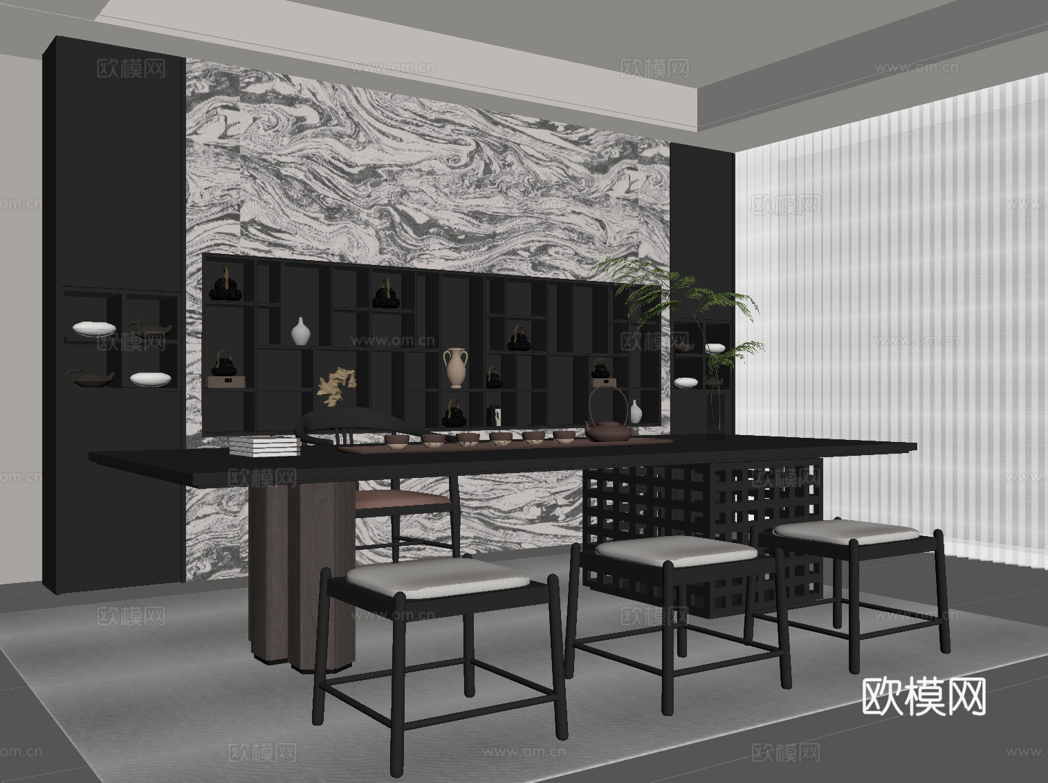 现代意式茶室 茶桌椅 茶柜su模型