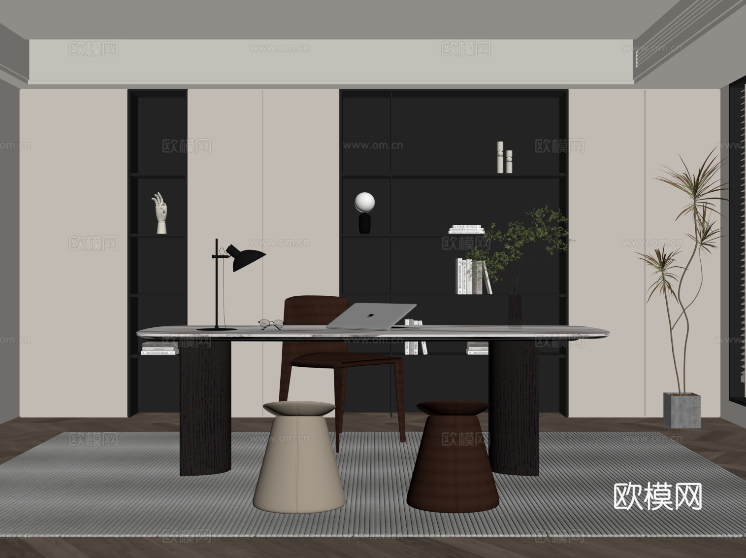 现代意式书房 书桌椅 书柜su模型