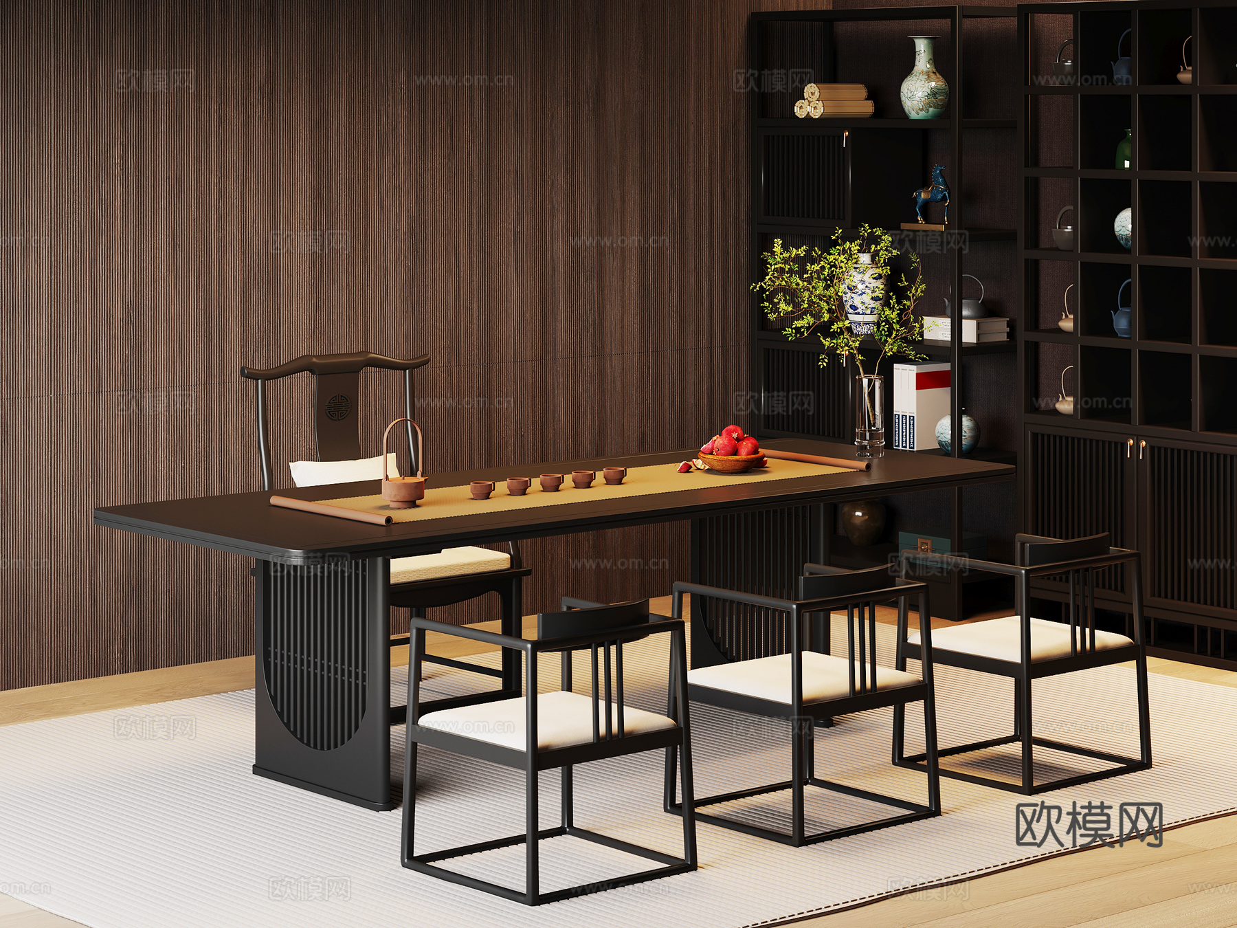 现代意式茶室 茶桌椅 博古架su模型