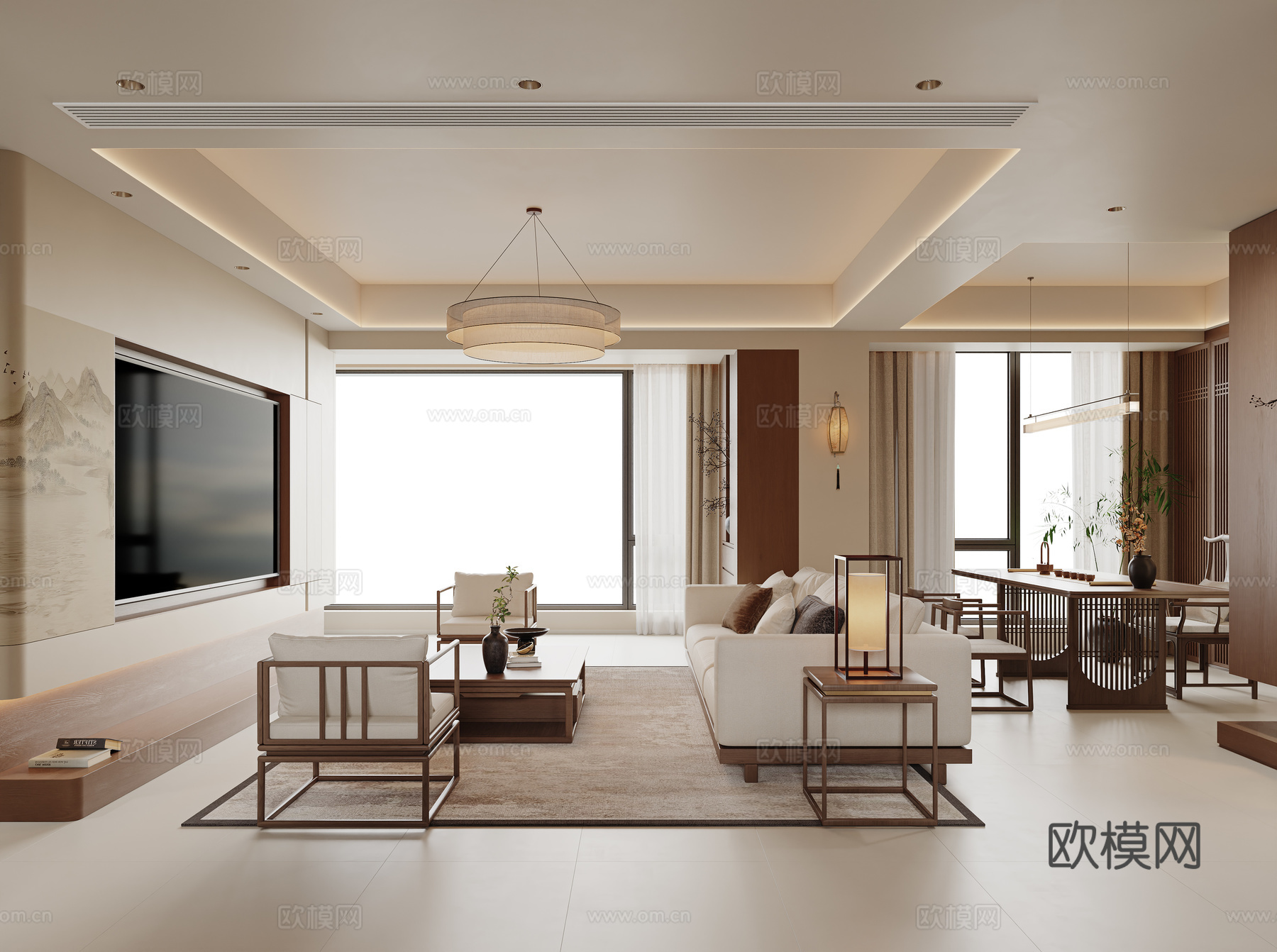 宋式美学客厅 新中式客厅 沙发茶几组合宋式茶室 电视背景墙su模型