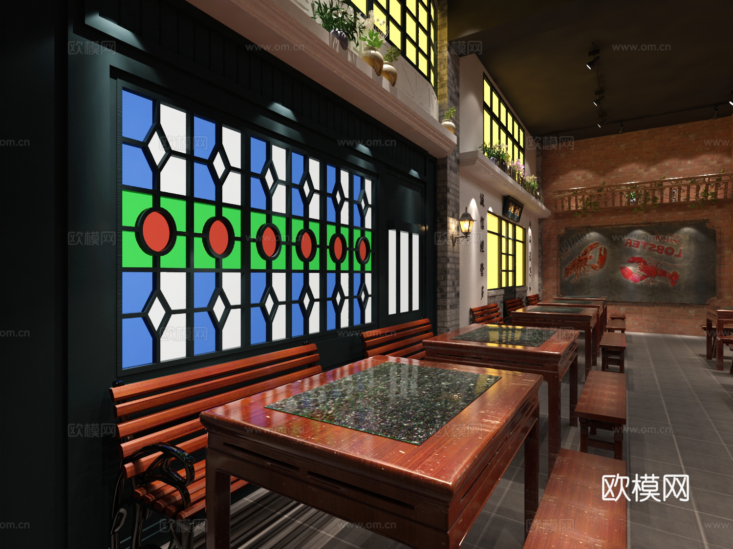 老上海风龙虾馆 餐桌椅 彩色玻璃3d模型