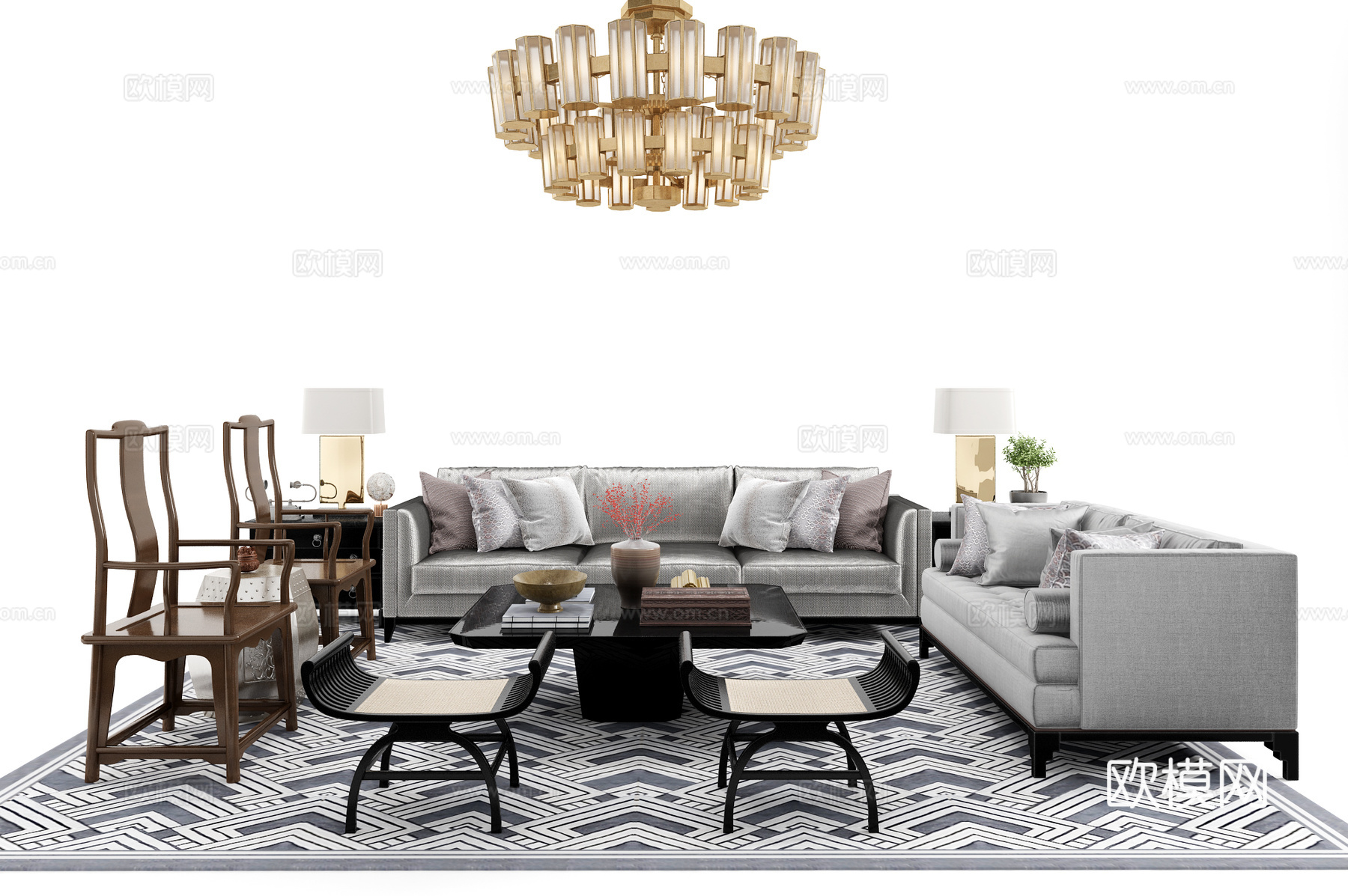 新中式沙发茶几组合 双人沙发 三人沙发 茶几 脚凳 椅子3d模型下载（渲染图2）