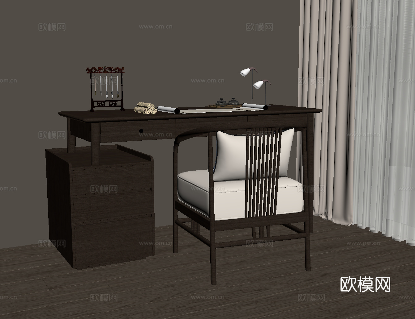 新中式书桌椅su模型