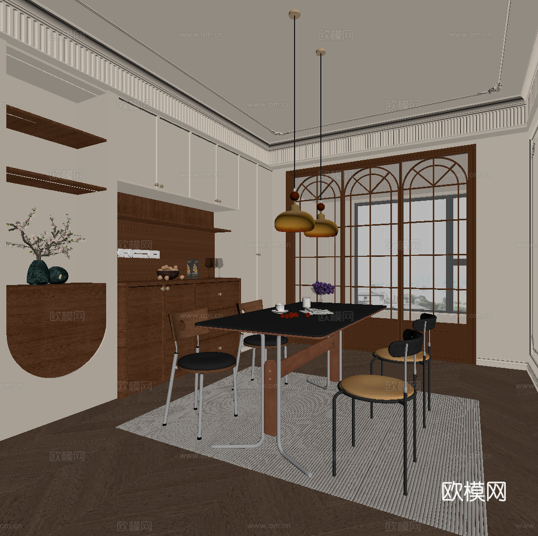 中古风餐厅 餐桌椅su模型