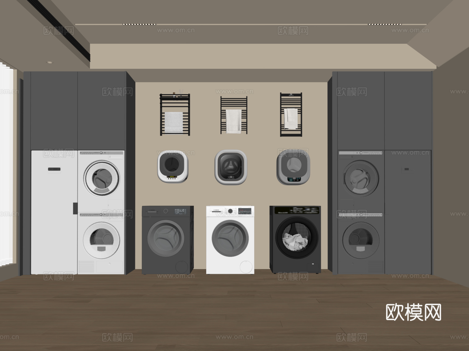 现代意式洗衣房 洗衣机柜 洗衣机su模型