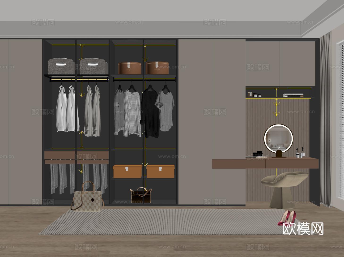 现代定制衣柜 玻璃衣柜 衣柜梳妆台一体su模型