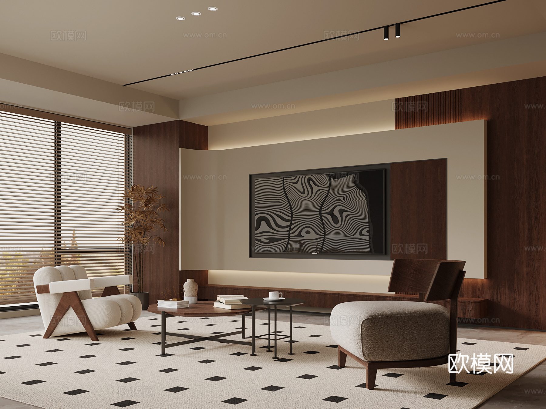 中古风客厅 电视背景墙 沙发茶几组合su模型