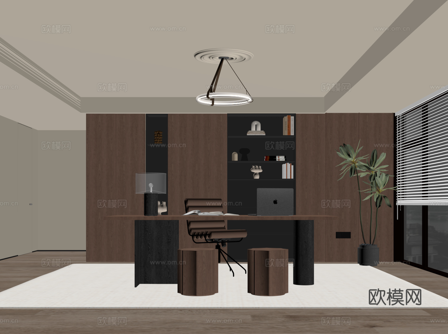 中古风书房 书柜 书桌椅su模型