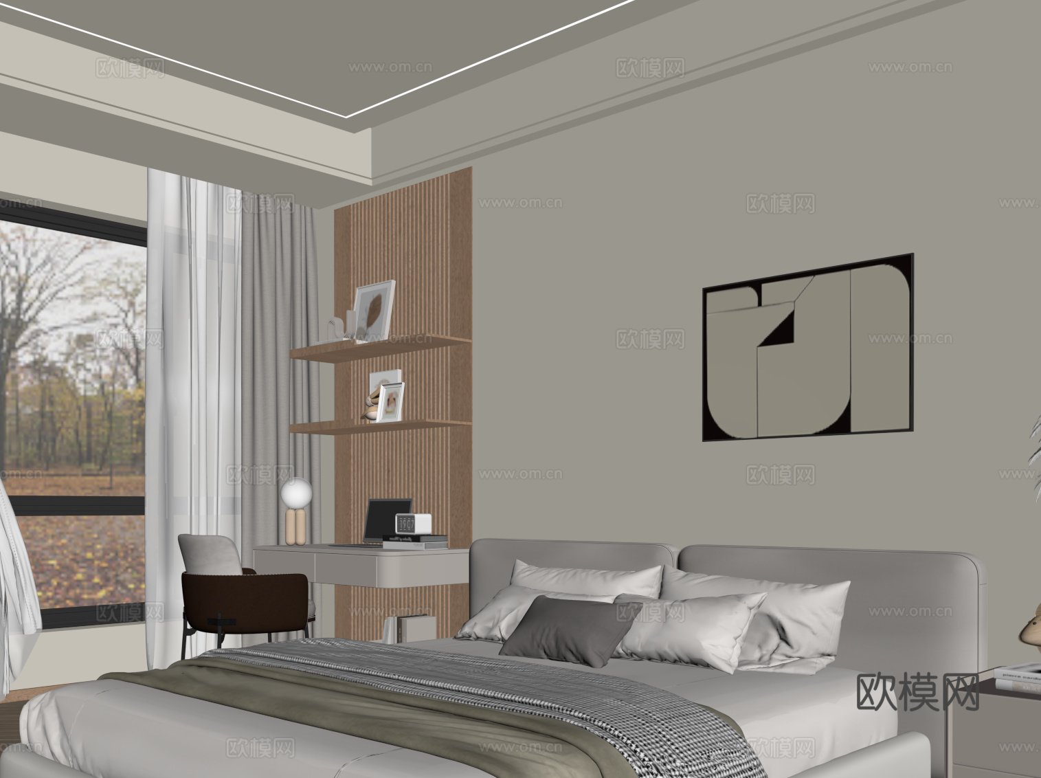 现代卧室 双人床su模型