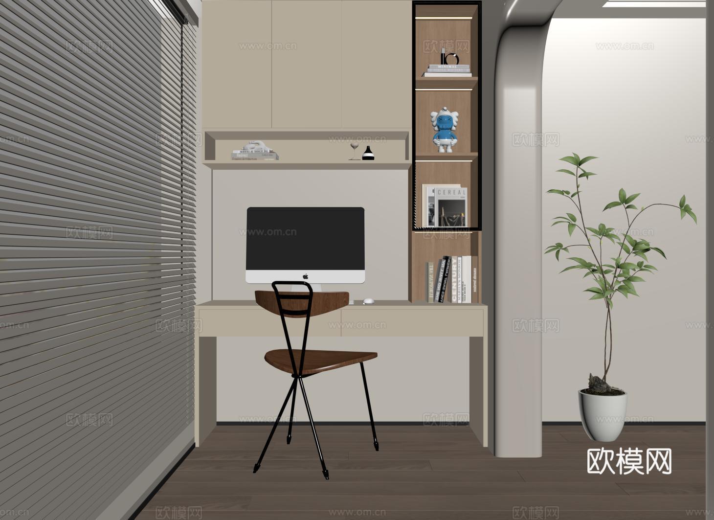 现代阳台书桌 书柜 书桌书柜一体柜su模型su模型