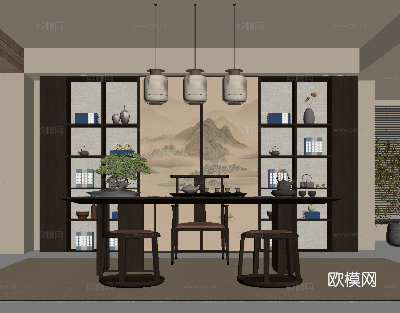新中式茶室 茶桌椅 茶柜su模型