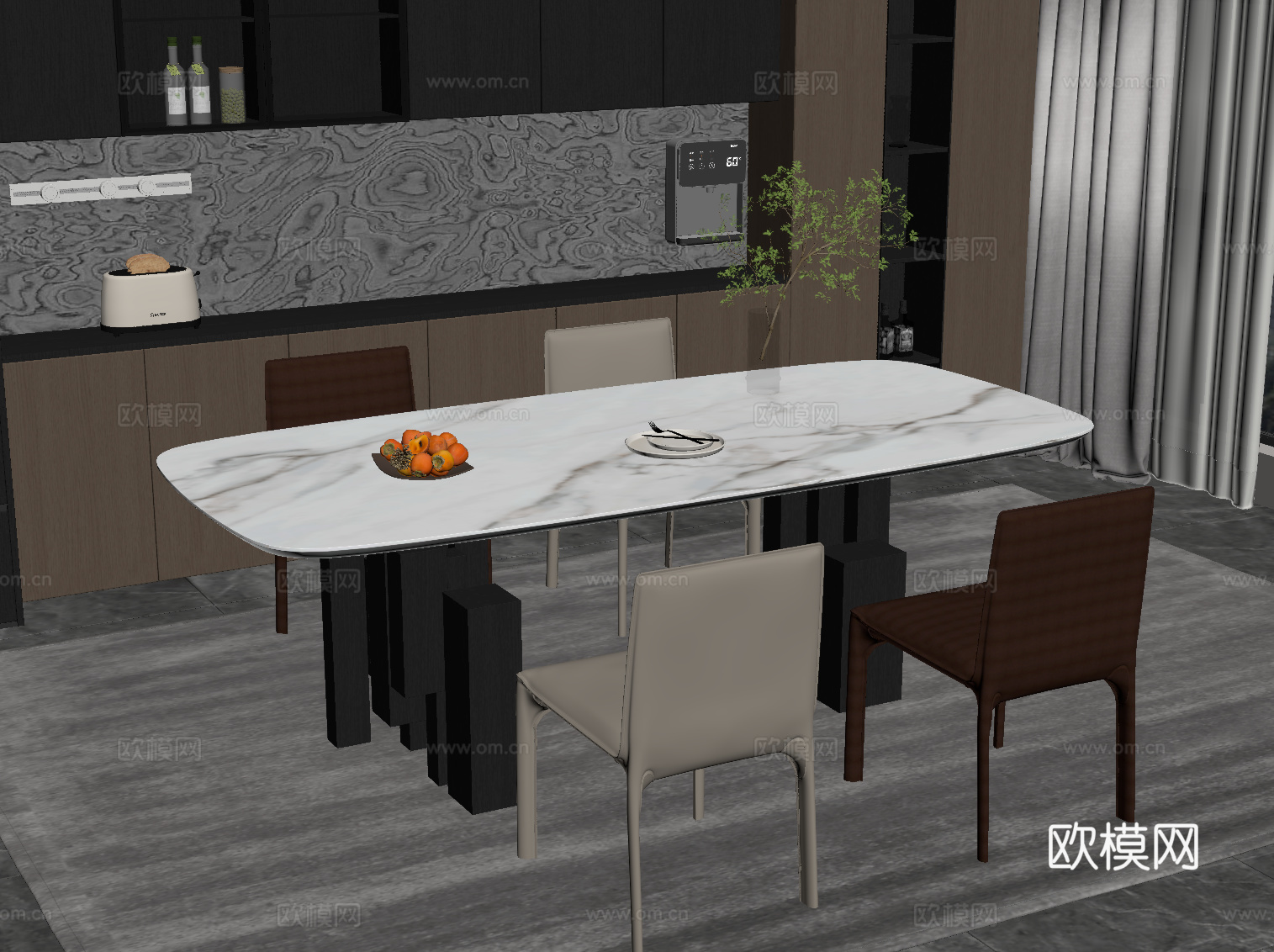 现代意式餐厅 餐桌椅 餐边柜su模型