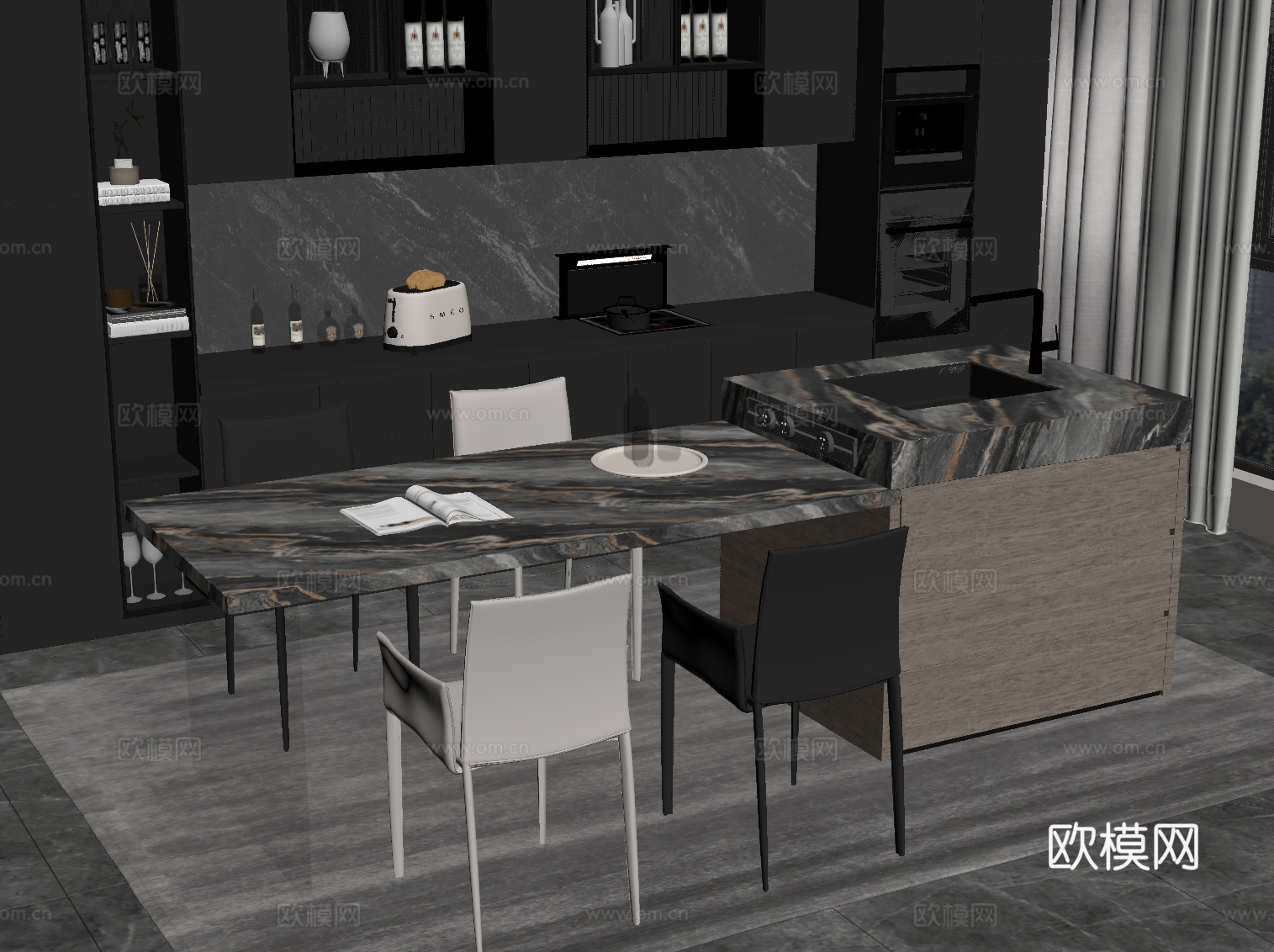 现代意式餐厅 餐桌椅 岛台 酒柜 餐边柜su模型