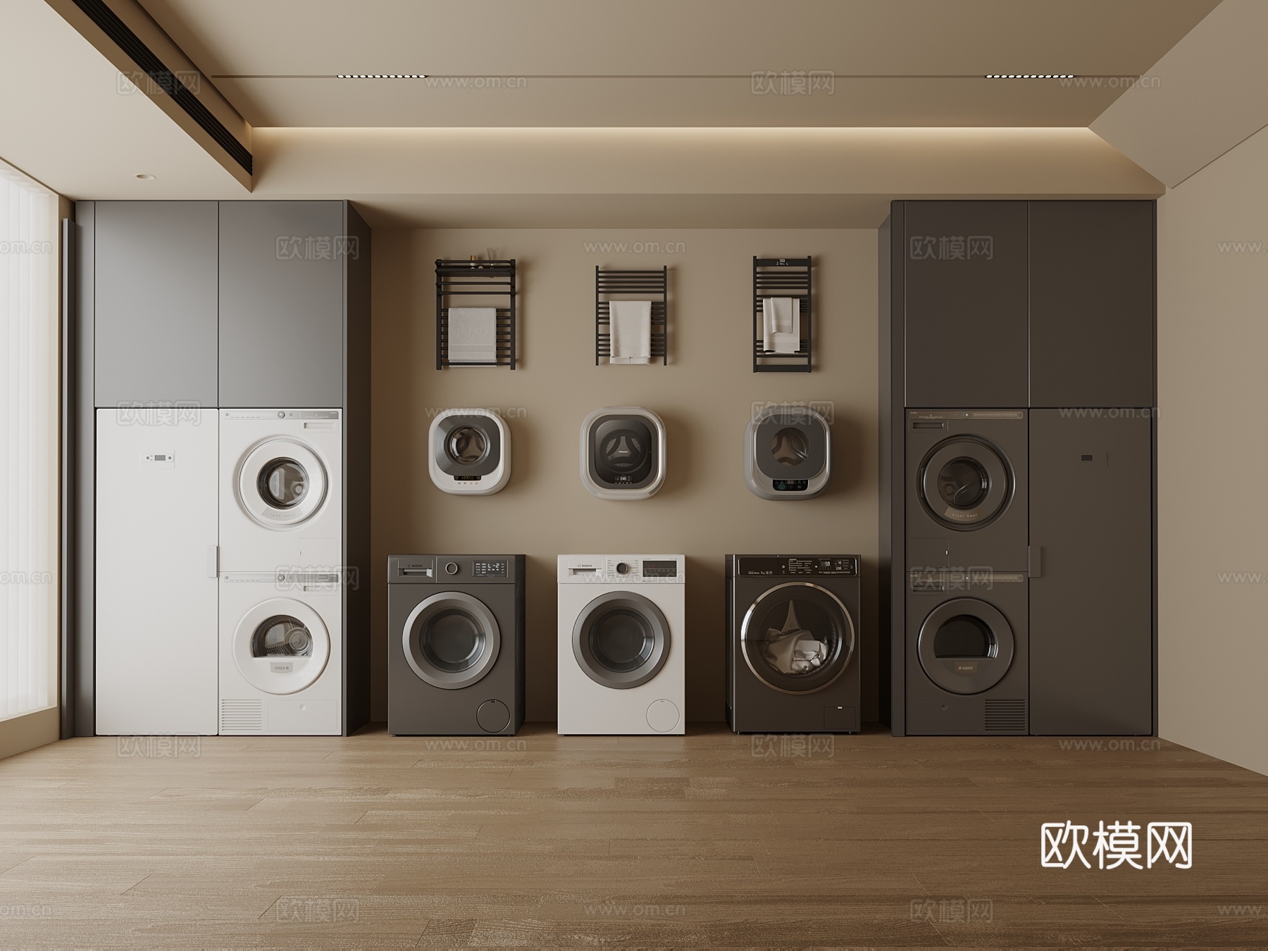 现代意式洗衣房 洗衣机柜 洗衣机su模型