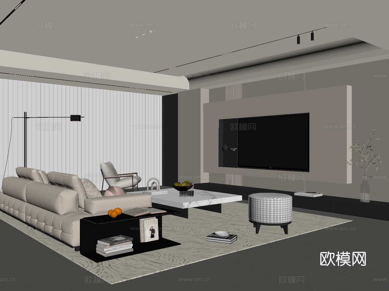 现代客厅 电视背景墙 沙发茶几组合su模型