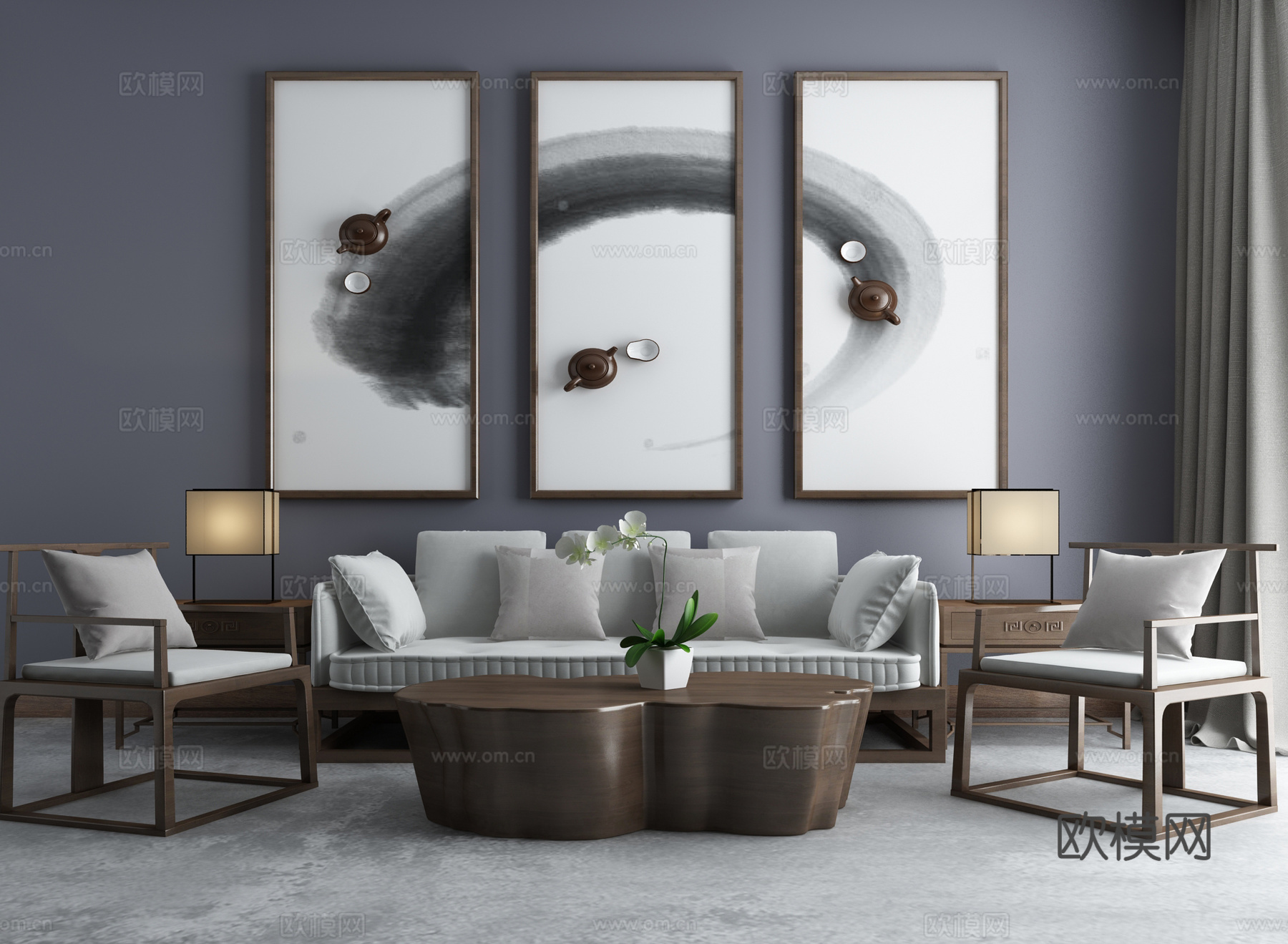 新中式禅意沙发茶几组合3d模型