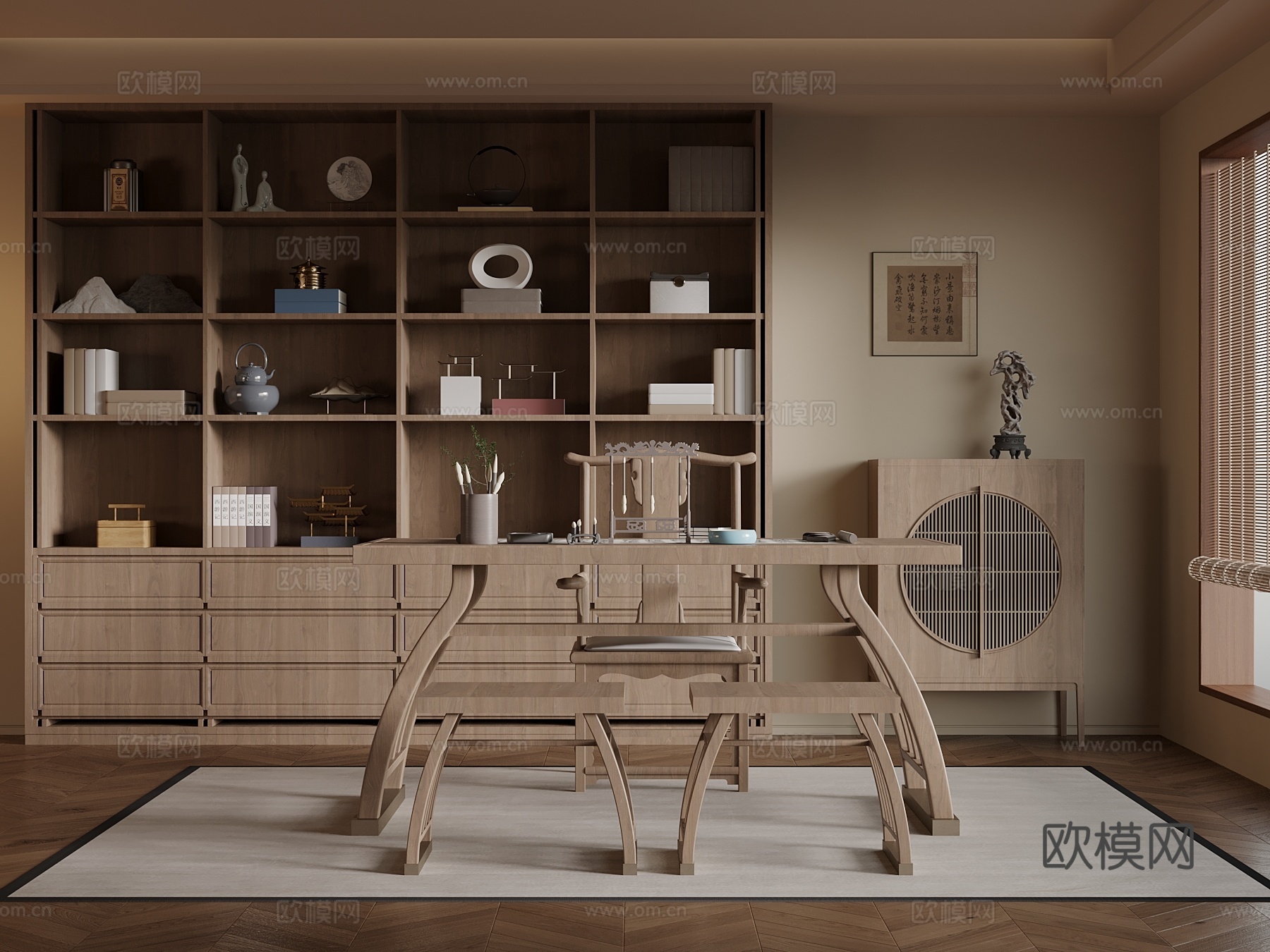 新中式书房 书柜 书桌椅su模型