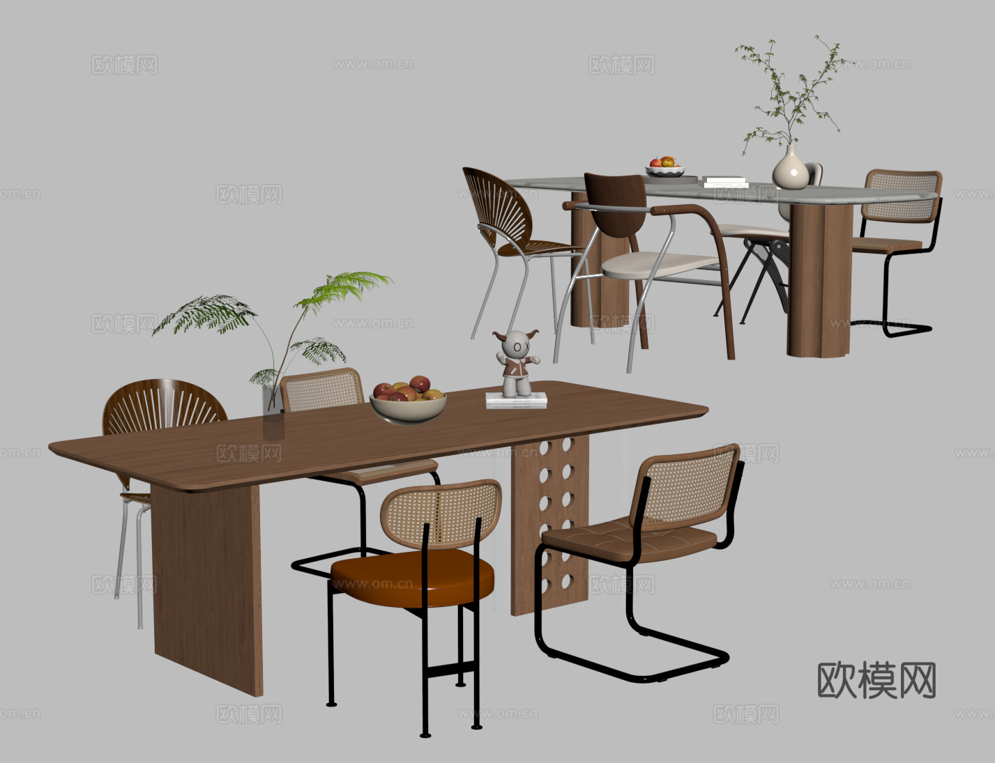 现代中古餐桌椅 长方形木餐桌 餐椅 大理石su模型