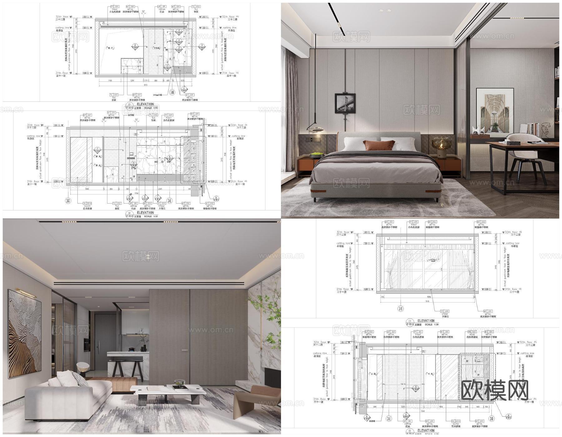 2套轻奢样板间平层 最新全套 效果图 施工图设计cad施工图