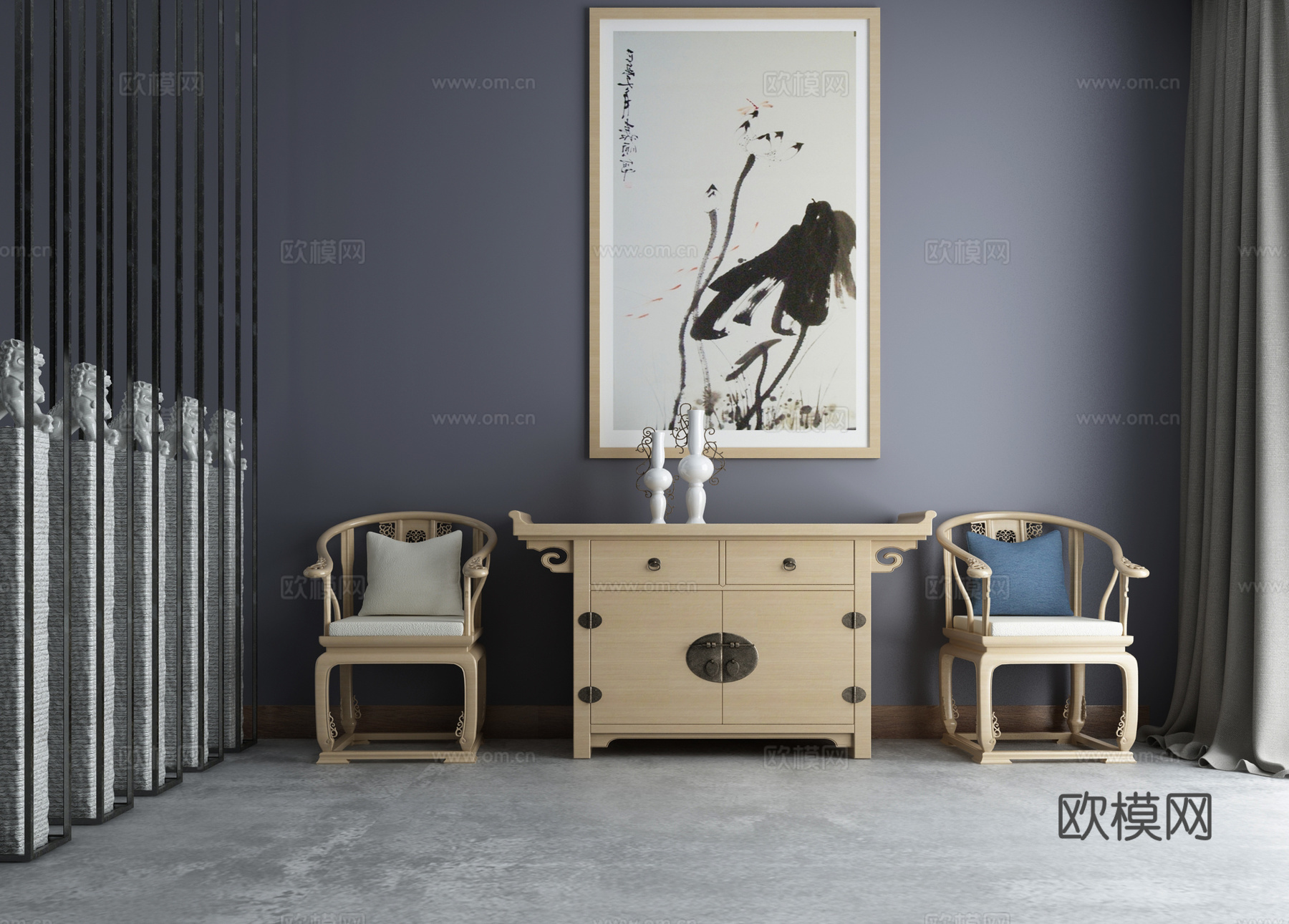 新中式端景柜门厅组合3d模型