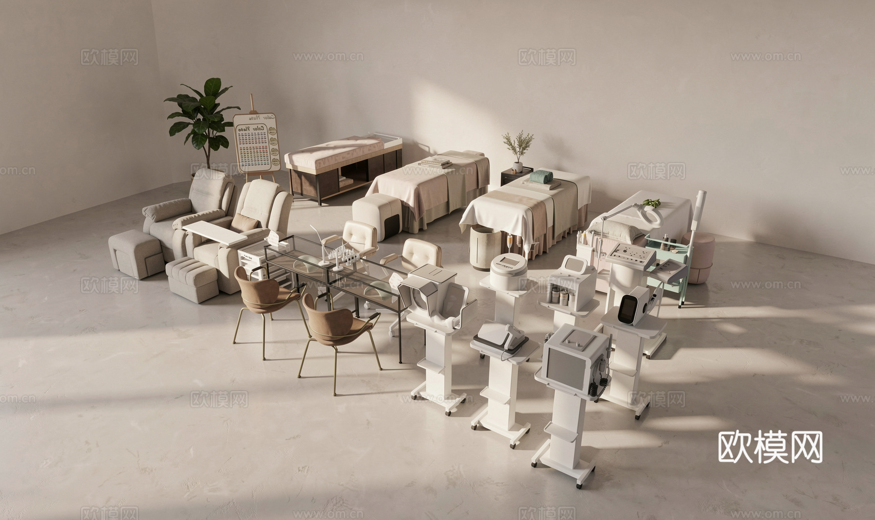 现代美容院 美容床 理发椅 美容仪器 美甲桌椅su模型