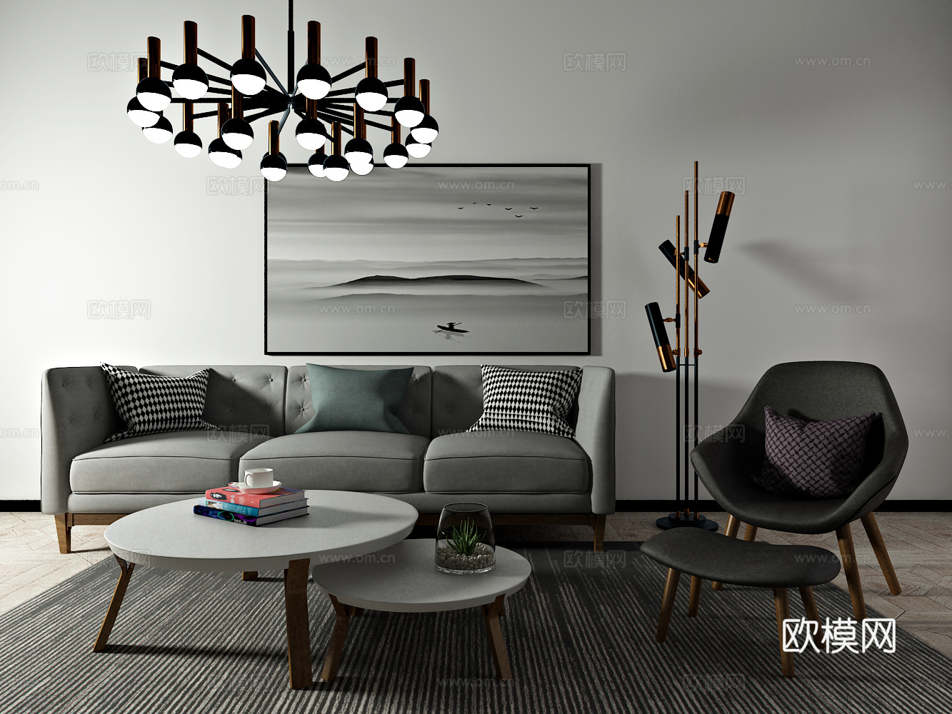 北欧沙发 茶几 单椅 装饰画 吊灯3d模型下载（渲染图1）