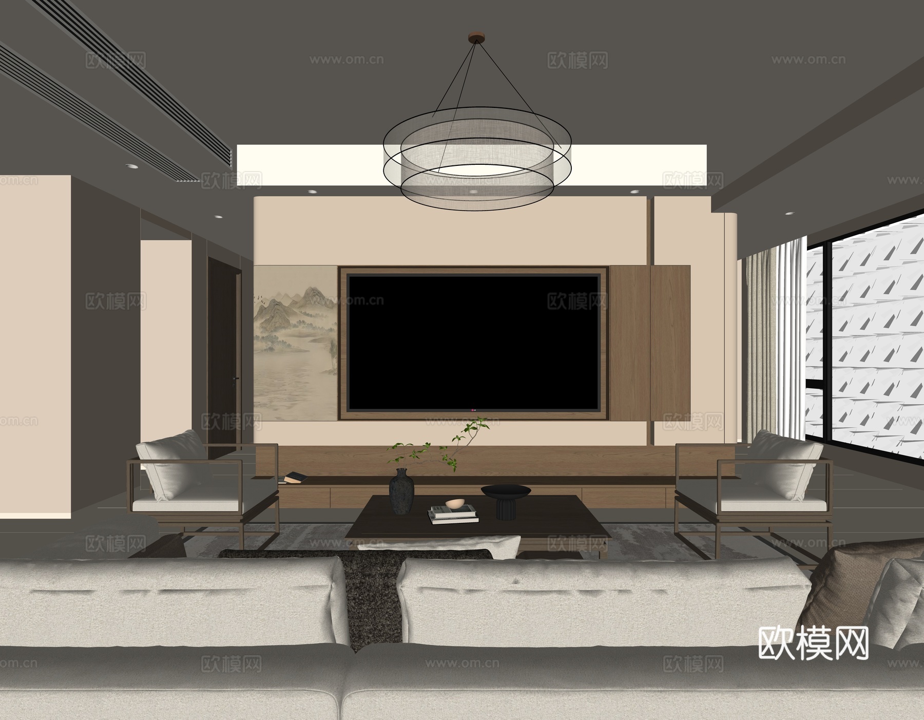 宋式美学客厅 新中式客厅 沙发茶几组合宋式茶室 电视背景墙su模型