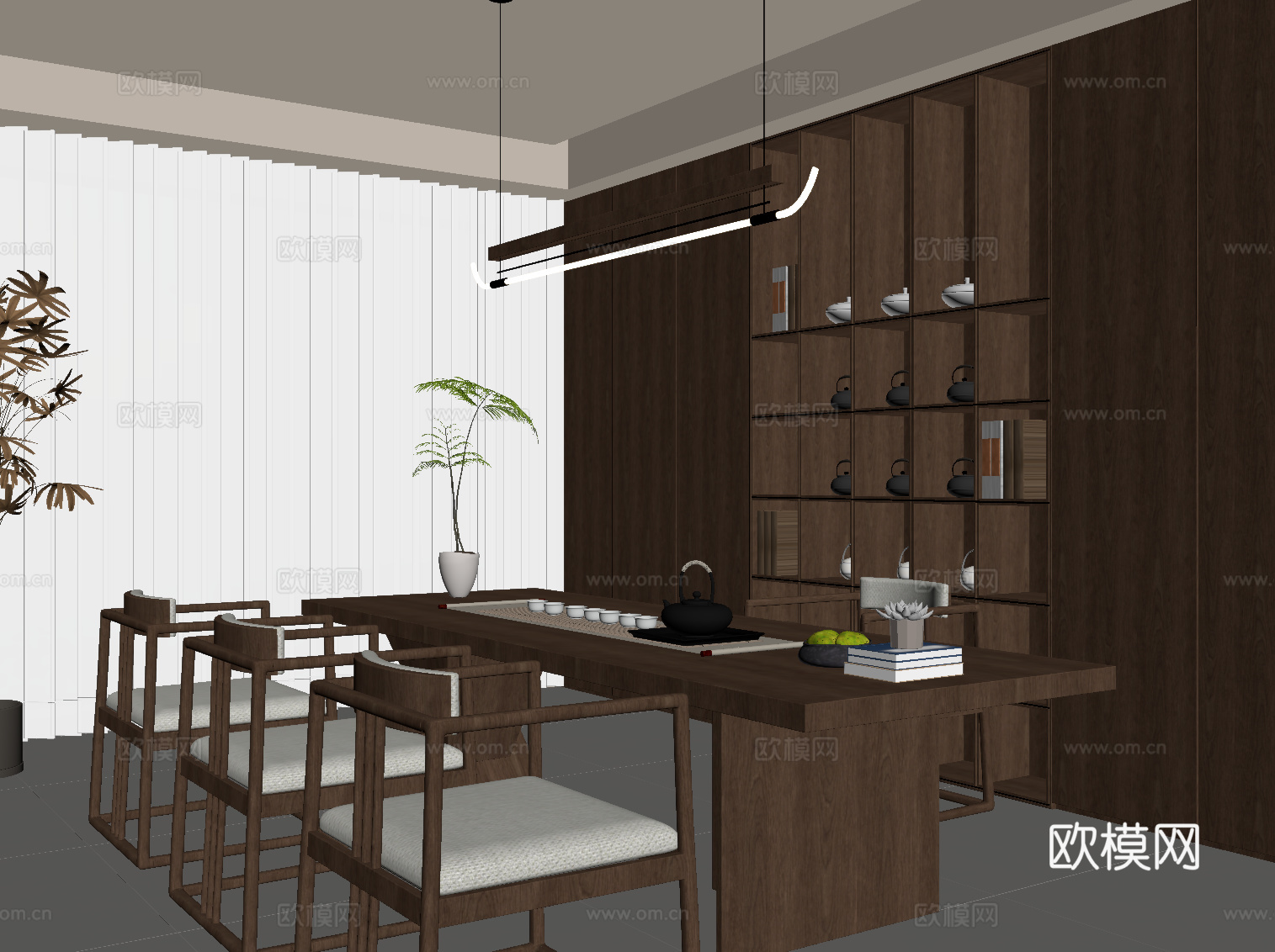 新中式茶室 茶桌椅 茶柜su模型
