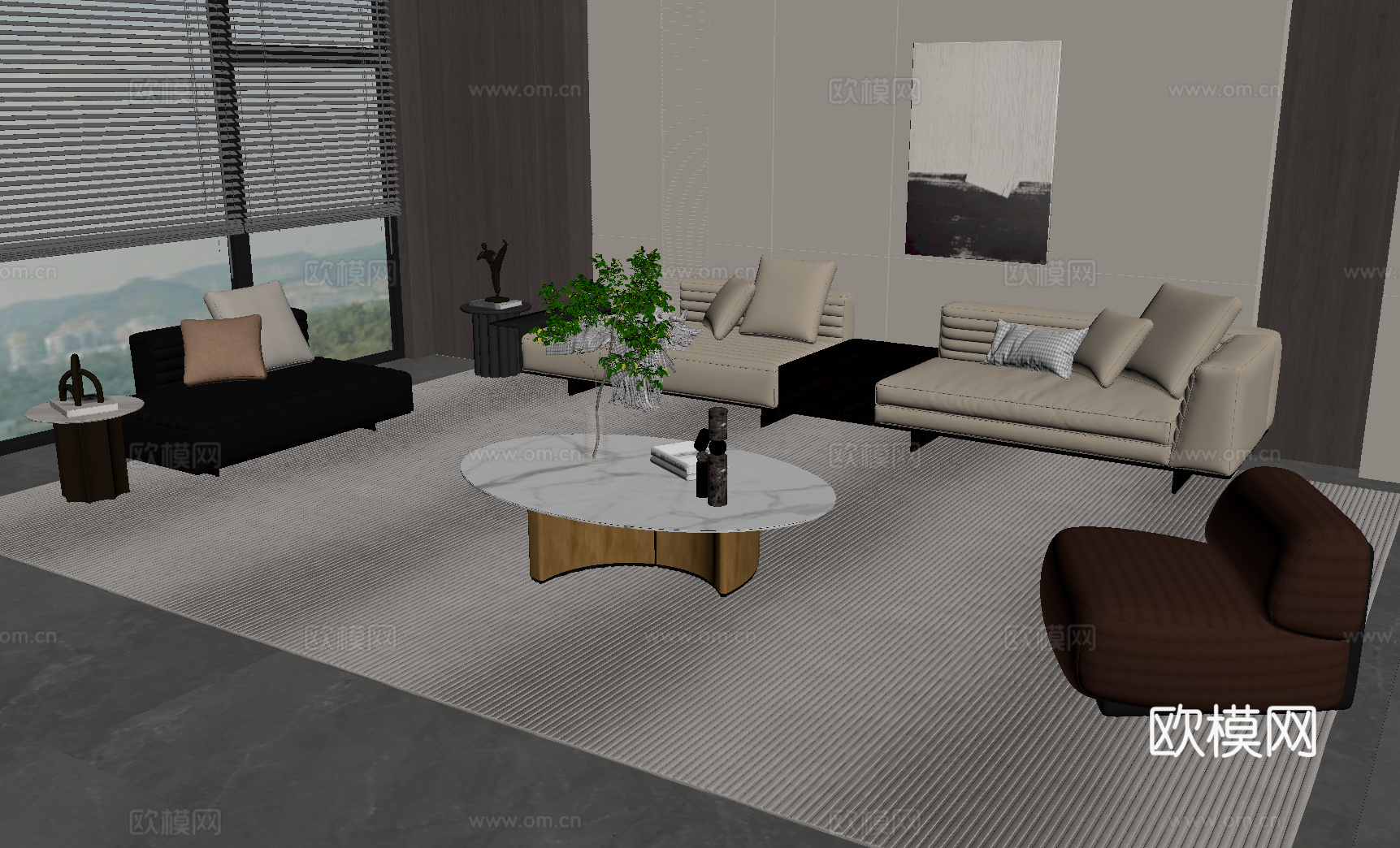 现代意式客厅 沙发茶几组su模型