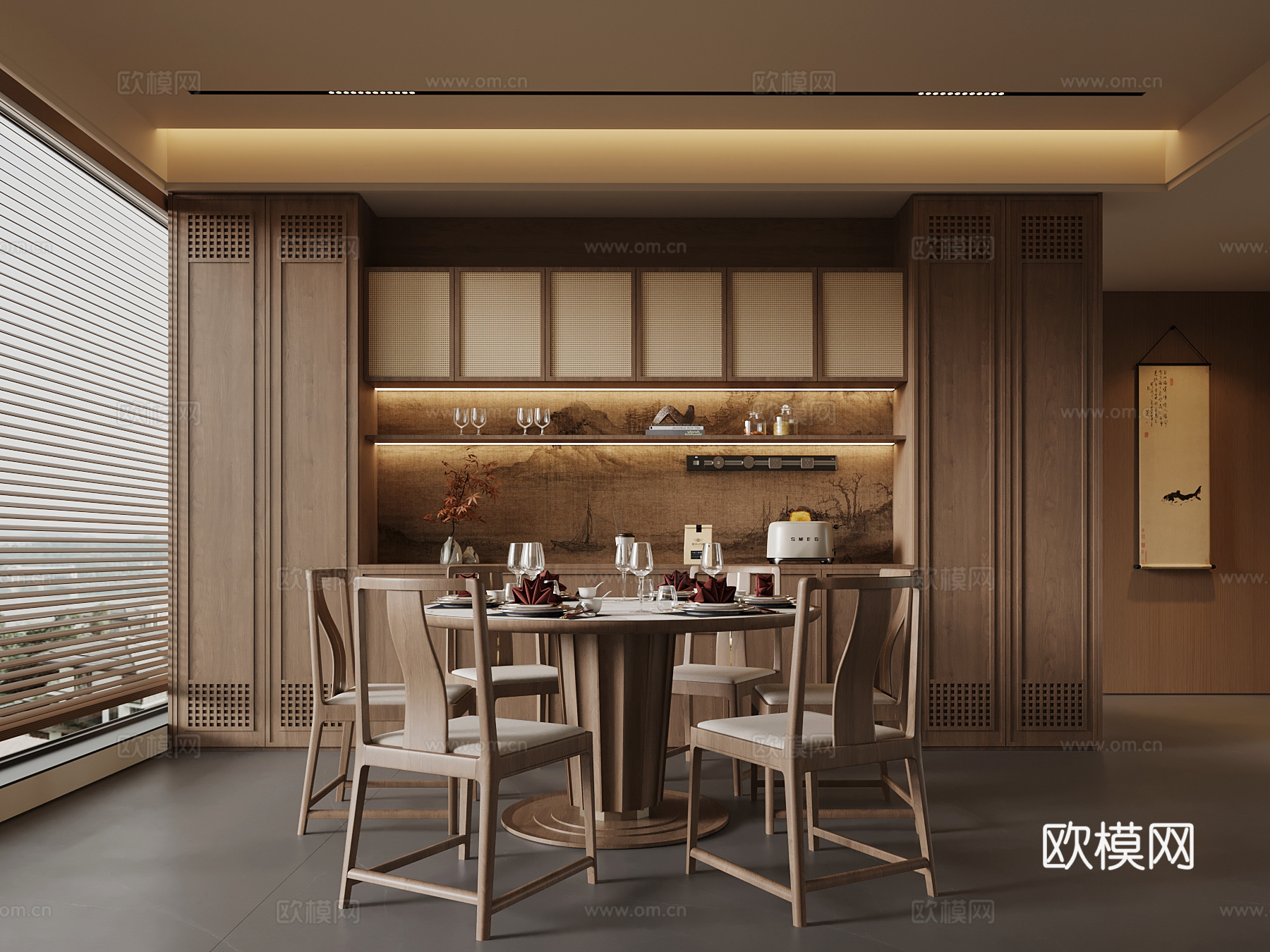 新中式餐厅 餐桌椅 餐边柜 圆桌su模型