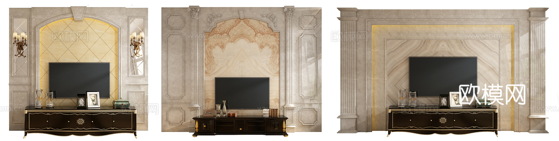 经典欧式背景墙 电视背景墙 电视柜组合 盆栽 植物3d模型下载（渲染图1）